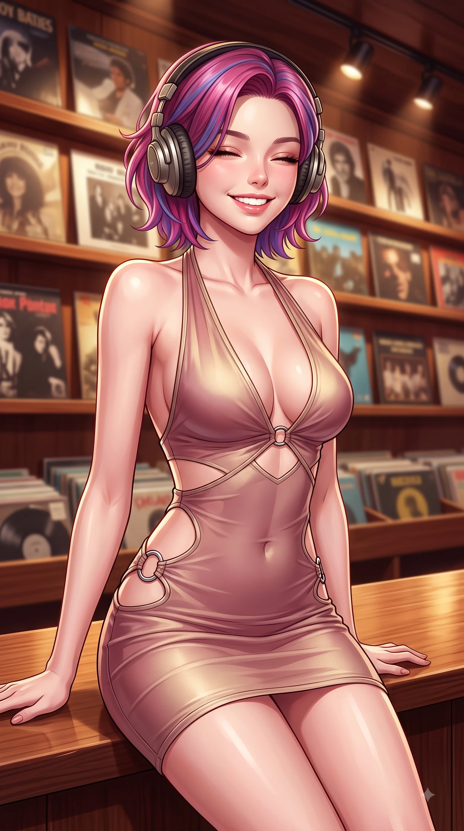 score_9, masterpiece, best quality, ultra-detailed, high-budget anime keyframe, editorial fashion photography, tasteful artistic composition, Caucasian woman. close-up cowboy shot from the waist and thighs up, the character dominates the composition, filling the frame with her large presence, background elements kept in soft focus. Cheerful beaming smile with sparkling eyes and a fresh girlhood aura, leaning forward with playful grace while sitting at a wooden counter wearing vintage headphones, listening to music with closed eyes, thousands of rare vintage vinyl record sleeves displayed along warm wooden shelves. She has an exceptionally elegant, slender, and willowy female figure with an ultra-slim waist, a gracefully sculpted slender torso, and a refined silhouette. sharp v-shaped jawline, high-bridge nose, intricate jewel-like eyes with depth, thick eyelashes, glossy lips with a natural sheen, flawlessly proportioned anatomical accuracy, natural body alignment, perfectly sculpted elegant limbs, clean dynamic posture without body distortion. wearing a deep-scoop halter bodycon dress with hip cutouts connected by silver rings in dusty rose and champagne gold, woven from fine semi-opaque sheer organza, featuring subtle geometric cutouts that highlight her ultra-slim midriff, the form-contouring material highlighting her ultra-slim waist and long lines. illuminated by cozy directional spotlights and rich mahogany reflections. highly saturated vibrant anime colors, detailed shading with soft gradients, rich glossy textures, high-contrast stereoscopic depth, volumetric dynamic lighting, master piece, 9:16 ratio