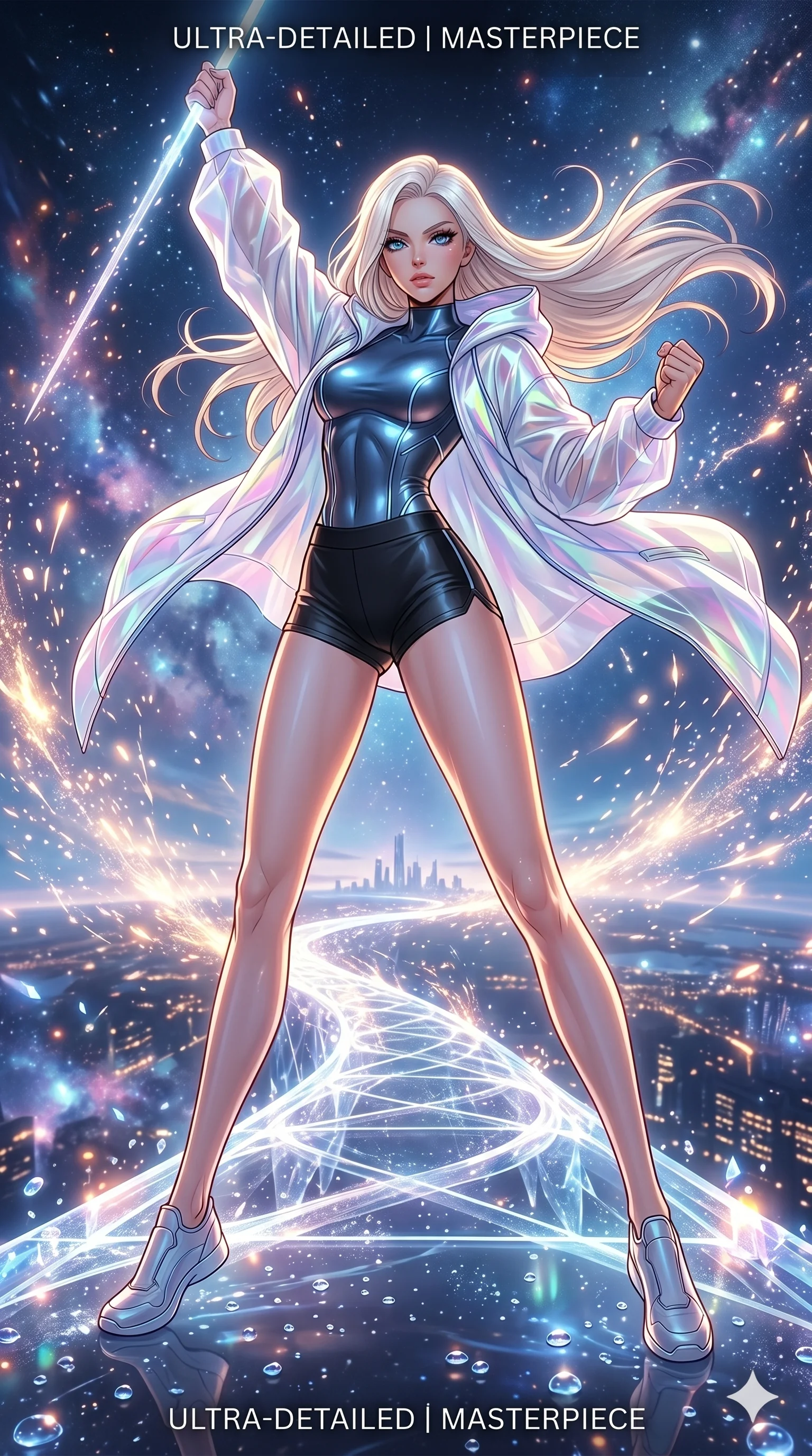 score_9, masterpiece, best quality, ultra-detailed, high-budget anime movie keyframe, cinematic anime lighting, intricate line art, Caucasian (strictly human ears) woman. Dynamic full-body shot stretching the vertical silhouette across the 9:16 frame. standing victoriously in a celestial bridge made of light in a storm of sparks. She has an absolutely perfect 8-heads proportion, an exceptionally tall and slender female figure with an ultra-slim waist and impossibly long slender legs. sharp v-shaped jawline, high-bridge nose, intricate jewel-like eyes, thick eyelashes, glossy lips. Wearing premium athleisure set with a metallic-finish compression top, high-cut yoga shorts that accentuate her long legs, and a sheer oversized hoodie. The scene is illuminated by dramatic atmospheric lighting and vibrant color palettes. , 2k, ultra detail, master piece, 9:16 ratio