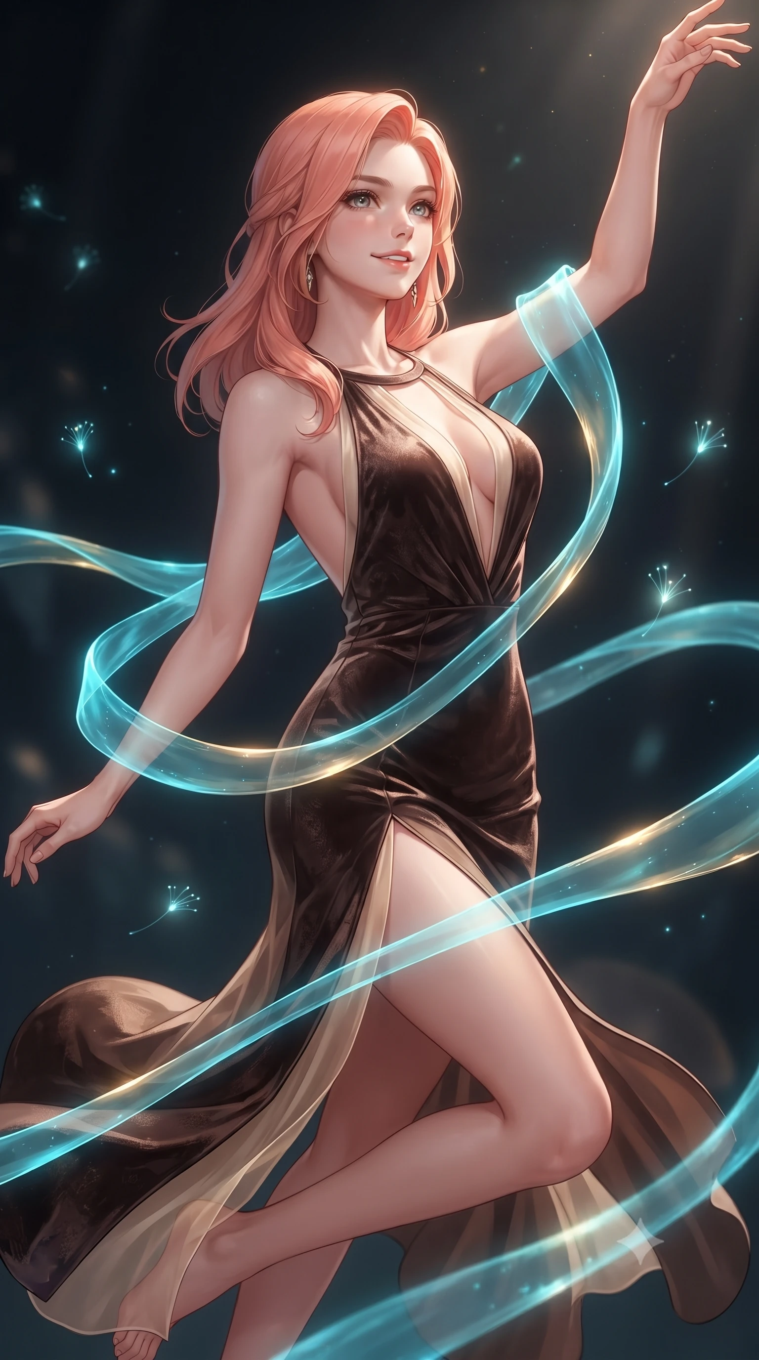 score_9, masterpiece, best quality, ultra-detailed, high-budget anime keyframe, editorial fashion photography, tasteful artistic composition, Japanese woman. close-up cowboy shot from the waist and thighs up, the character dominates the composition, filling the frame with her large presence, background elements kept in soft focus. Extending one arm in an elegant stretch toward the light while smiling with magnetic self-assurance while floating dynamically in mid-air while weaving translucent cyan plasma ribbons around her body, glowing fiber optic motes drifting like fireflies in the dark background. She has an exceptionally elegant, slender, and willowy female figure with an ultra-slim waist, a gracefully sculpted slender torso, and a refined silhouette. sharp v-shaped jawline, high-bridge nose, intricate jewel-like eyes with depth, thick eyelashes, glossy lips with a natural sheen, flawlessly proportioned anatomical accuracy, natural body alignment, perfectly sculpted elegant limbs, clean dynamic posture without body distortion. wearing a backless crushed velvet gown with a deep V-neckline and high thigh slit in espresso brown and warm cream, woven from fine semi-opaque sheer organza, accented with a Tasteful chest slit framing her clavicle gracefully, the form-contouring material highlighting her ultra-slim waist and long lines. illuminated by the brilliant glow of cyan and gold luminescent plasma ribbons. ultra-reflective glossy finish, specular highlights, metallic sheen, high-contrast stereoscopic depth, volumetric dynamic lighting, 2k, ultra detail, master piece, 9:16 ratio