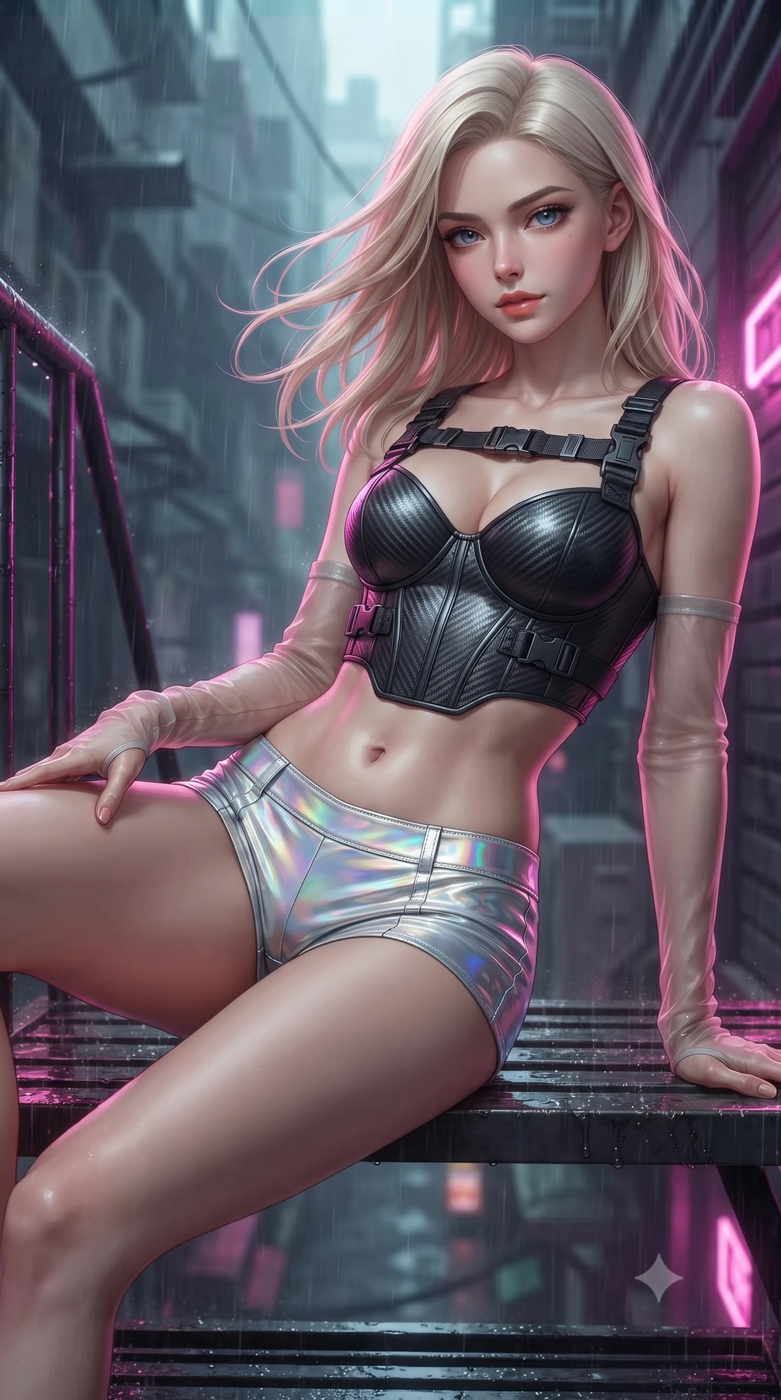 score_9, masterpiece, best quality, ultra-detailed, high-budget anime keyframe, editorial fashion photography, tasteful artistic composition, Caucasian woman. close-up cowboy shot from the waist and thighs up, the character dominates the composition, filling the frame with her large presence. turning slowly with an enchanting smoldering smile, her glossy hair tossing in the breeze as her hips angle gracefully in a captivating contrapposto while reclining gracefully on the sheltered neon-lit fire escape landing with legs extended, displaying her long slender limbs and statuesque hourglass silhouette amid rain-washed cyber-chaos. The background shows a soft-focus fine acid rain mist softened in cyberpunk Shinjuku alley canyon shallow focus. She has an exceptionally elegant, slender, and willowy female figure with an ultra-slim waist, flat toned midriff, narrow ribcage, and sculpted feminine hips creating an alluring, slim hourglass silhouette without bulk. sharp v-shaped jawline, high-bridge nose, intricate jewel-like sparkling eyes with depth, thick eyelashes, glossy parted lips with a natural peach sheen, bright cheerful beaming smile with an enchanting and coquettish sensual glint, exuding both youthful cute charm and seductive allure, flawlessly proportioned anatomical accuracy, strict slender model proportions, natural body alignment, perfectly sculpted long slender limbs, ultra-slim waistline, clean dynamic posture without body distortion. wearing a sculpted carbon-fiber underwire crop corset with tactical buckle straps paired with low-rise micro shorts in iridescent mother-of-pearl and liquid molten silver, woven from buttery-soft stretch lambskin leather adhering to her body like a second skin, complemented by sheer opera-length evening gloves tracing her slender arms, the second-skin tailored fabric adhering flawlessly to her sculpted flat midriff and slender torso, emphasizing her long leg lines and perfectly proportioned willowy build. illuminated by wet metal reflection bounce and sharp neon-magenta rim lights defining her razor-sharp jawline, narrow waist, and curvy hips. ultra-reflective glossy finish, specular highlights, rich textural contrasts, high-contrast stereoscopic depth, volumetric dynamic lighting, 2k, ultra detail, master piece, 9:16 ratio