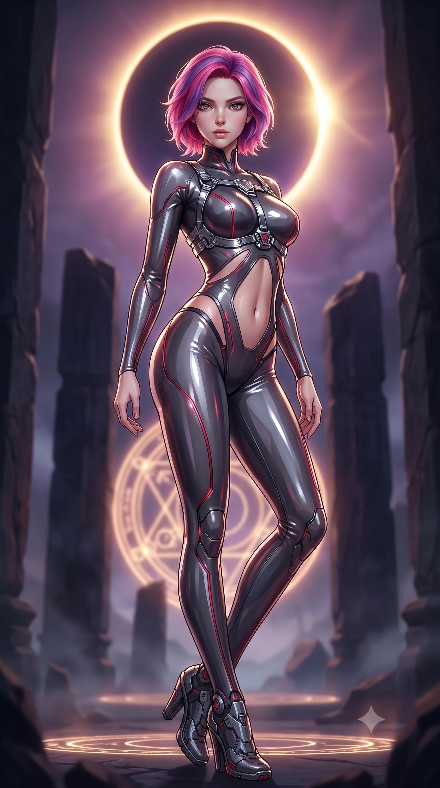 score_9, masterpiece, best quality, ultra-detailed, high-budget anime keyframe, semi-realistic 3D game render, editorial fashion photography, tasteful artistic composition, Caucasian woman. low angle full-body shot from head to toe showing her feet, filling the entire 9:16 vertical frame with her statuesque presence, stretching her vertical silhouette. pivoting dynamically in mid-motion with a breathtakingly alluring posture, displaying her flawless model proportions, toned flat midriff, and ultra-slim waist while arching her spine in a powerful yet enticing stance as the eclipsed solar corona casts a sharp golden-violet halo. The composition keeps background elements in soft focus with creamy bokeh. ancient basalt monolithic pillars and glowing arcane circles softened by moody atmospheric focus. She has an absolutely perfect, statuesque 8.5-heads proportion, an exceptionally tall and slender model-like female figure with impossibly long slender legs, a toned flat midriff, and an ultra-slim waist. sharp v-shaped jawline, high-bridge nose, intricate jewel-like eyes with depth, thick eyelashes, glossy lips with a natural sheen, flawlessly proportioned anatomical accuracy, strict slender model proportions, natural body alignment, perfectly sculpted long slender limbs, ultra-slim waistline, clean dynamic posture without body distortion. wearing a skin-tight cyber-noir tech bodysuit featuring diagonal slitted cutouts on the midriff, a high-cut leg line, and a metallic chrome harness in smoky charcoal grey and glowing crimson filaments, formed from high-gloss patent material with specular chiaroscuro reflections, reinforced by a sleek metallic chrome harness and delicate dark glowing micro-straps, the sleek second-skin cut tightly hugging her graceful clavicle, narrow waist, and feminine curves with athletic precision. illuminated by deep shadow chiaroscuro tracing her sculpted flat midriff, bare spine, and slender limbs. rich saturated anime colors with deep moody shadows, detailed chiaroscuro shading with soft gradients, rich glossy textures, high-contrast stereoscopic depth, volumetric dynamic shadow lighting, master piece, 9:16 ratio