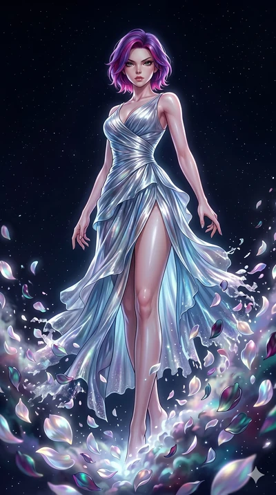 score_9, masterpiece, best quality, ultra-detailed, High-budget Anime Keyframe, East Asian woman. Low angle cowboy shot filling the entire 9:16 frame with her statuesque presence. Scenario 151: Dissolving into a cloud of iridescent silk petals in a v