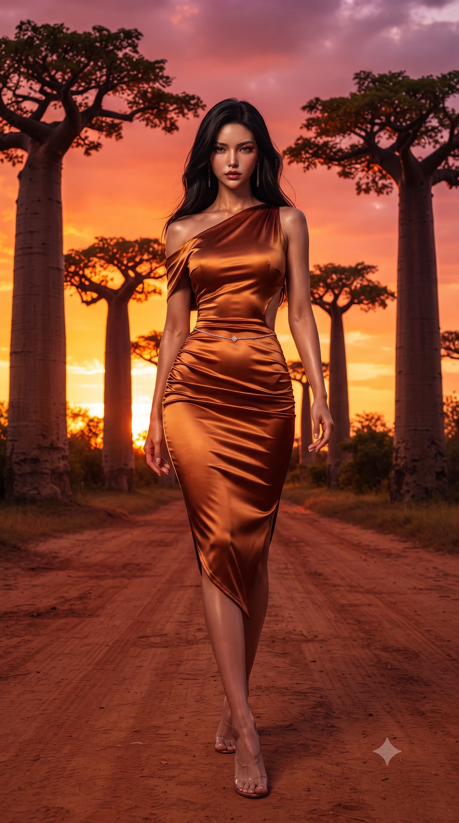 score_9, masterpiece, best quality, ultra-detailed, high-budget anime keyframe, editorial fashion photography, tasteful artistic composition, Korean woman. low angle full-body shot from head to toe showing her feet, filling the entire 9:16 vertical frame with her statuesque presence, stretching her vertical silhouette. leaning deep against the structural architecture with hips cocked in an unapologetically bold, seductive high-fashion stance while walking gracefully down the red-earth dirt road between colossal ancient baobab trees, arching her back as the burning African sunset silhouettes their crowns. The surrounding environment is rendered in vivid detail and crisp panoramic clarity. detailed linen and silk gown weave, sunset specular sheen on skin, and endless Madagascar horizon in high clarity. She has an exceptionally tall and slender model-like 8.5-heads proportion, an ultra-slim waist, a flat toned midriff, narrow delicate ribcage, and beautifully sculpted feminine hips creating a graceful, slim hourglass silhouette without any bulky heaviness, with impossibly long slender legs. sharp v-shaped jawline, high-bridge nose, intricate jewel-like eyes with depth, thick eyelashes, glossy parted lips with a natural sheen, intensely captivating and seductive bedroom-eyes expression, flawlessly proportioned anatomical accuracy, strict slender model proportions, natural body alignment, perfectly sculpted long slender limbs, ultra-slim waistline, clean dynamic posture without body distortion. wearing a form-contouring cocktail dress with an asymmetrical open shoulder and hip-defining ruching in rich copper bronze and warm amber, tailored from ultra-smooth duchess satin with a pearlescent sheen, accented with a dainty diamond waist chain catching the ambient light reflections, the precision-cut side openings and low-back scoop framing her graceful spine and the sensual sweep of her slim, toned hips. bathed in breathtaking African sunset backlighting in rich shades of fire-orange and deep magenta. ultra-reflective glossy finish, specular highlights, rich textural contrasts, high-contrast stereoscopic depth, volumetric dynamic lighting, 2k, ultra detail, master piece, 9:16 ratio