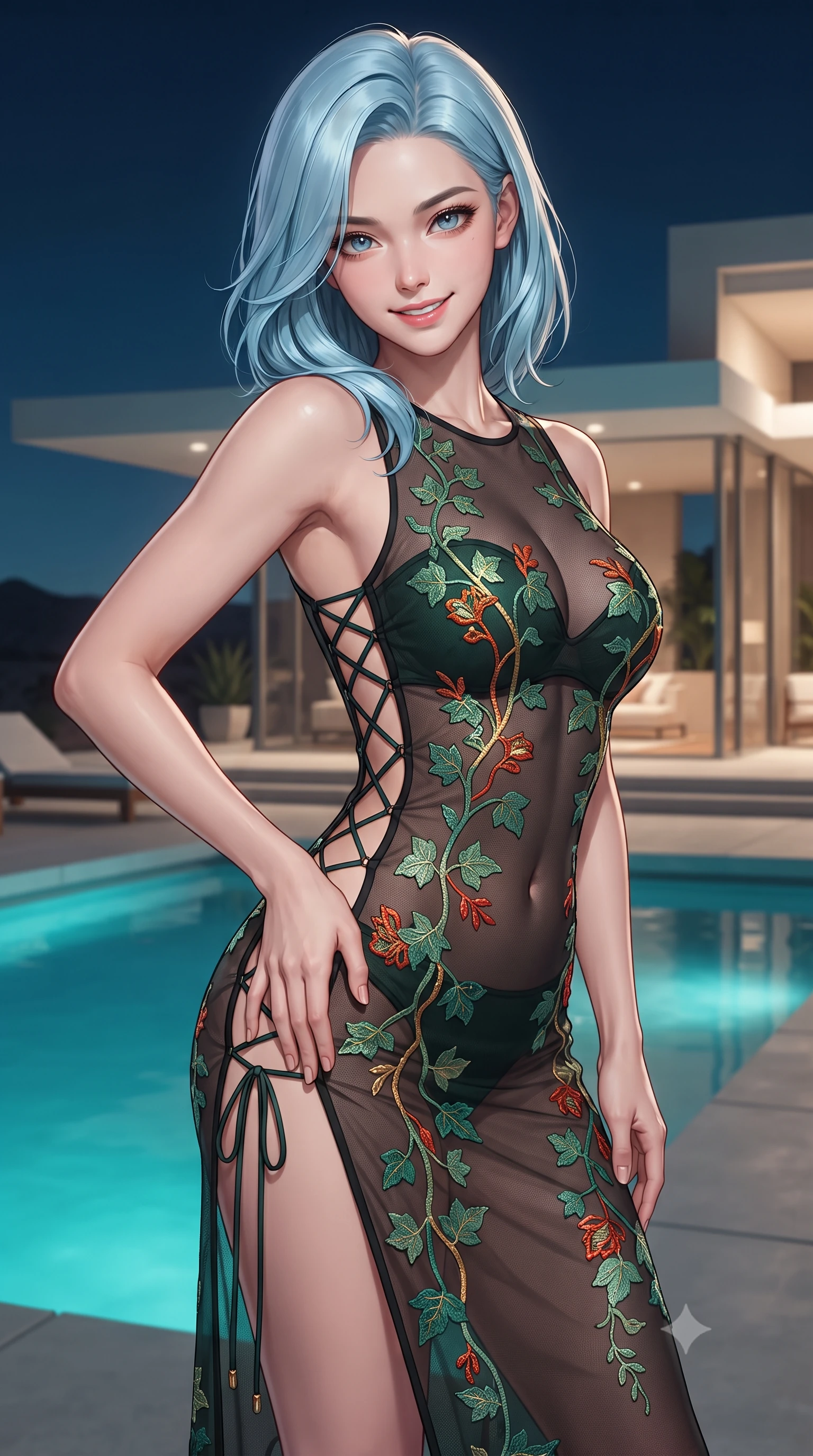 score_9, masterpiece, best quality, ultra-detailed, high-budget anime keyframe, editorial fashion photography, tasteful artistic composition, Korean woman. close-up cowboy shot from the waist and thighs up, the character dominates the composition, filling the frame with her large presence. tilting her head with a teasing half-smile, running one hand slowly down the side of her hip in a flirtatious S-curve as ambient light caresses her silhouette while twisting her slender torso in an alluring contrapposto stance beside the turquoise pool, evening desert breeze caressing her flat midriff and curvy hips. The surrounding environment is rendered in vivid detail and crisp panoramic clarity: detailed garment textures, waistline contouring, and modernist architectural craft in razor-sharp precision. She has an exceptionally elegant, slender, and willowy female figure with an ultra-slim waist, flat toned midriff, narrow ribcage, and sculpted feminine hips creating an alluring, slim hourglass silhouette without bulk. sharp v-shaped jawline, high-bridge nose, intricate jewel-like sparkling eyes with depth, thick eyelashes, glossy parted lips with a natural peach sheen, bright cheerful beaming smile with an enchanting and coquettish sensual glint, exuding both youthful cute charm and seductive allure, flawlessly proportioned anatomical accuracy, strict slender model proportions, natural body alignment, perfectly sculpted long slender limbs, ultra-slim waistline, clean dynamic posture without body distortion. wearing a provocative sheer noir illusion mesh cocktail dress with embroidered climbing ivy ribbons contouring her curves in Tanjong Pagar Peranakan jade green and gilded vermilion, crafted from bespoke double-faced cashmere with an exceptionally soft tactile finish, featuring fine criss-cross lace-up side ties revealing tantalizing glimpses of her hip curve, the bespoke structured tailoring following the natural line of her 8.5-heads silhouette with refined elegance. illuminated by pool surface specular bounce and sharp gold-and-cyan dual rim lights sculpting her jawline, narrow waist, and curvy hips. ultra-reflective glossy finish, specular highlights, rich textural contrasts, high-contrast stereoscopic depth, volumetric dynamic lighting, 2k, ultra detail, master piece, 9:16 ratio
