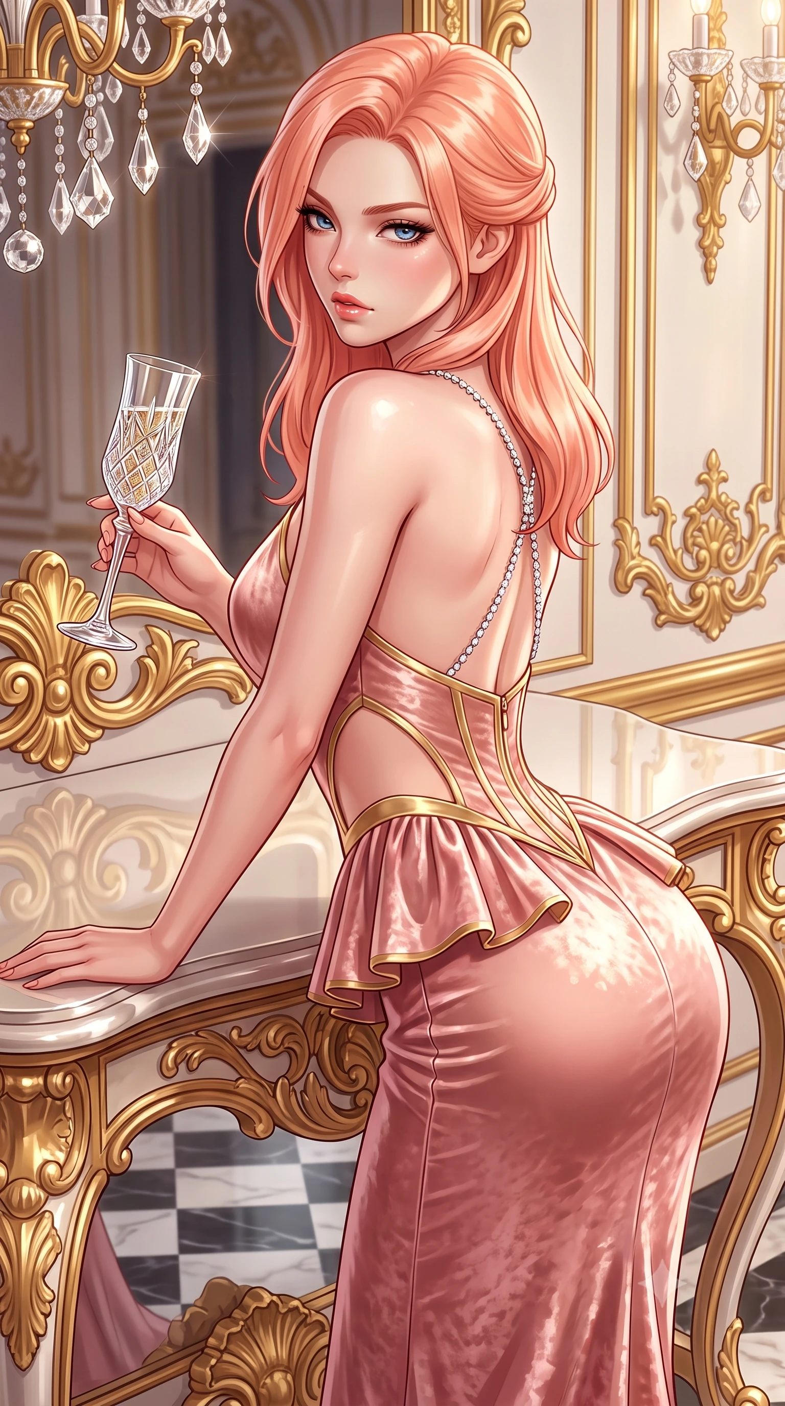 score_9, masterpiece, best quality, ultra-detailed, high-budget anime keyframe, semi-realistic 3D game render, editorial fashion photography, tasteful artistic composition, Japanese woman. close-up cowboy shot from the waist and thighs up, the character dominates the composition, filling the frame with her large presence. leaning forward against the polished railing with her hips cocked back, creating an intoxicating curve from her narrow waist to sculpted hips as she gazes back into the lens while perching on an ornate rococo console table with hips cocked to one side, holding a crystal champagne glass with effortless sovereign allure. The surrounding environment is rendered in vivid detail and crisp panoramic clarity. sharp gilded rococo scrollwork, cut crystal chandelier facets, and checkerboard marble floor reflections in deep focus. She has an exceptionally elegant, slender, and willowy female figure with an ultra-slim waist, a gracefully sculpted slender torso, toned flat midriff, and rounded feminine hips creating an alluring hourglass silhouette. sharp v-shaped jawline, high-bridge nose, intricate jewel-like eyes with depth, thick eyelashes, glossy parted lips with a natural sheen, intensely captivating and seductive bedroom-eyes expression, flawlessly proportioned anatomical accuracy, strict slender model proportions, natural body alignment, perfectly sculpted long slender limbs, ultra-slim waistline, clean dynamic posture without body distortion. wearing a modern Marie Antoinette peplum gown with side-waist diamond cutouts and hip-cinching boning in rococo blush rose and polished gold leaf, crafted from heavyweight crushed silk velvet with liquid luster, accented with a glittering diamond back chain tracing her bare spine down to her hips, the liquid-tight tailored fabric clinging flawlessly to her narrow waist and rounded feminine hips, emphasizing every millimeter of her sculpted hourglass curves during movement. illuminated by crisp specular highlights defining her bare clavicle, ultra-slim waistline, and curvaceous hips. highly saturated vibrant anime colors, detailed shading with soft gradients, rich glossy textures, high-contrast stereoscopic depth, volumetric dynamic lighting, master piece, 9:16 ratio