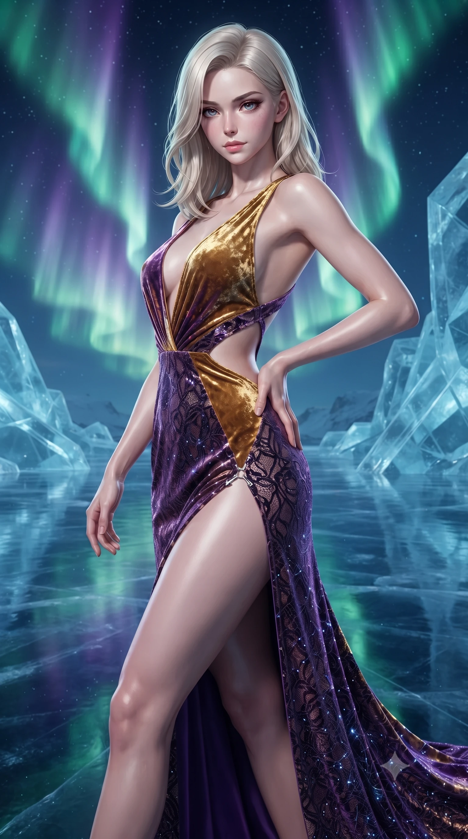 score_9, masterpiece, best quality, ultra-detailed, high-budget anime keyframe, editorial fashion photography, tasteful artistic composition, Caucasian woman. close-up cowboy shot from the waist and thighs up, the character dominates the composition, filling the frame with her large presence. twisting her upper body in a dynamic S-curve with an alluring smolder, one hand trailing along her slender waist while stepping gracefully across a frozen mirror lake reflecting swirling green and violet aurora curtains. The surrounding environment is rendered in vivid detail and crisp panoramic clarity. deep ethereal arctic illumination and translucent ice architecture captured with environmental precision. She has an exceptionally elegant, slender, and willowy female figure with an ultra-slim waist, a gracefully sculpted slender torso, and a refined silhouette. sharp v-shaped jawline, high-bridge nose, intricate jewel-like eyes with depth, thick eyelashes, glossy lips with a natural sheen, flawlessly proportioned anatomical accuracy, natural body alignment, perfectly sculpted elegant limbs, clean dynamic posture without body distortion. wearing a backless crushed velvet gown with a deep V-neckline, strategic hip cutouts, and an ultra-high thigh slit in lustrous molten gold and pure deep violet, crafted from delicate dark lace interwoven with luminescent micro-fibers, finished with an ultra-high side slit secured by miniature magnetic clasps, the glove-like fit tightly following every curve of her statuesque athletic build. surrounded by a pure, otherworldly, and breathtakingly alluring glacial sanctuary aura. ultra-reflective glossy finish, specular highlights, metallic sheen, high-contrast stereoscopic depth, volumetric dynamic lighting, 2k, ultra detail, master piece, 9:16 ratio