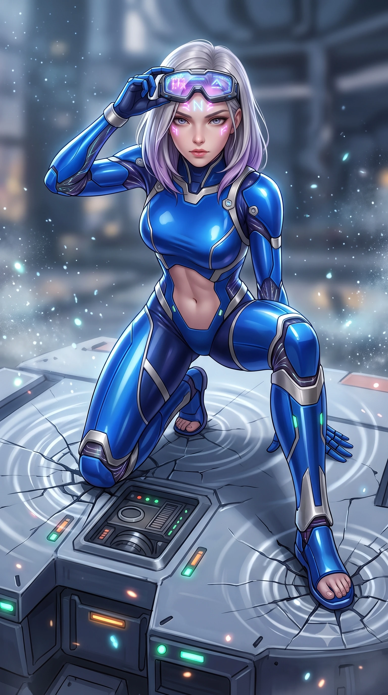 score_9, masterpiece, best quality, ultra-detailed, high-budget anime keyframe, semi-realistic 3D game render, editorial fashion photography, tasteful artistic composition, Caucasian woman. low angle full-body shot from head to toe showing her feet, filling the entire 9:16 vertical frame with her statuesque presence, stretching her vertical silhouette. landing gracefully from a high-altitude leap on one knee and palm, her statuesque silhouette framed by radial shockwave ripples in the ground while resting one hand on the mechanical hull with an intense, smoldering gaze looking directly into the camera. The composition keeps background elements in soft focus with creamy bokeh. sparkling coolant mist and glowing status LEDs scattering soft light motes across a battleground backdrop. She has an absolutely perfect, statuesque 8.5-heads proportion, an exceptionally tall and slender model-like female figure with impossibly long slender legs, a toned flat midriff, and an ultra-slim waist. sharp v-shaped jawline, high-bridge nose, intricate jewel-like eyes with depth, thick eyelashes, glossy lips with a natural sheen, fierce and resolute heroine expression, flawlessly proportioned anatomical accuracy, strict slender model proportions, natural body alignment, perfectly sculpted long slender limbs, ultra-slim waistline, clean dynamic posture without body distortion. wearing high-tech holographic tactical goggles resting tipped up on her forehead, casting glowing neon runes across her brow without obscuring her features, paired with an ultra-sleek high-gloss carbon-composite exoskeleton suit featuring kinetic shock-absorbing shin guards and flexible limb articulation joints in electric cobalt blue carbon with brushed platinum tactical trim, crafted from semi-translucent cybernetic carbon-vinyl interwoven with glowing micro-filaments, finished with high-mobility flexible armor articulation seams and miniature magnetic locks, the sleek second-skin cut tightly hugging her graceful clavicle, narrow waist, and feminine curves with athletic precision. illuminated by crisp specular highlights sharply tracing her sculpted flat midriff, waist, and long slender legs. rich saturated anime colors with glowing neon highlights, detailed shading with soft gradients, rich glossy textures, high-contrast stereoscopic depth, volumetric dynamic lighting, master piece, 9:16 ratio