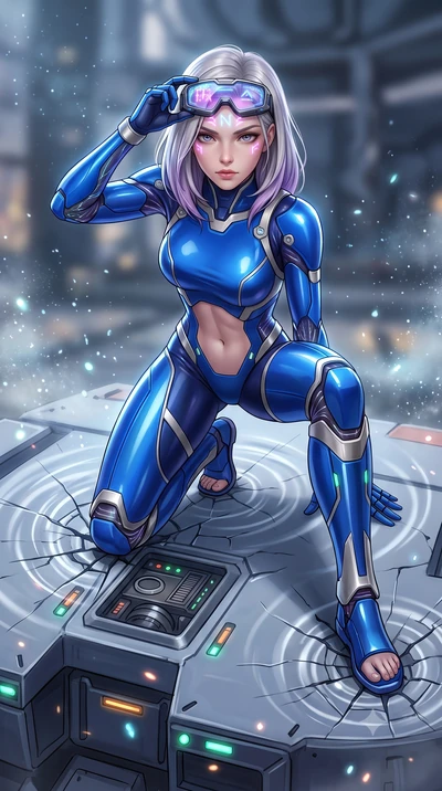 score_9, masterpiece, best quality, ultra-detailed, high-budget anime keyframe, semi-realistic 3D game render, editorial fashion photography, tasteful artistic composition, Caucasian woman. low angle full-body shot from head to toe showing her feet, 