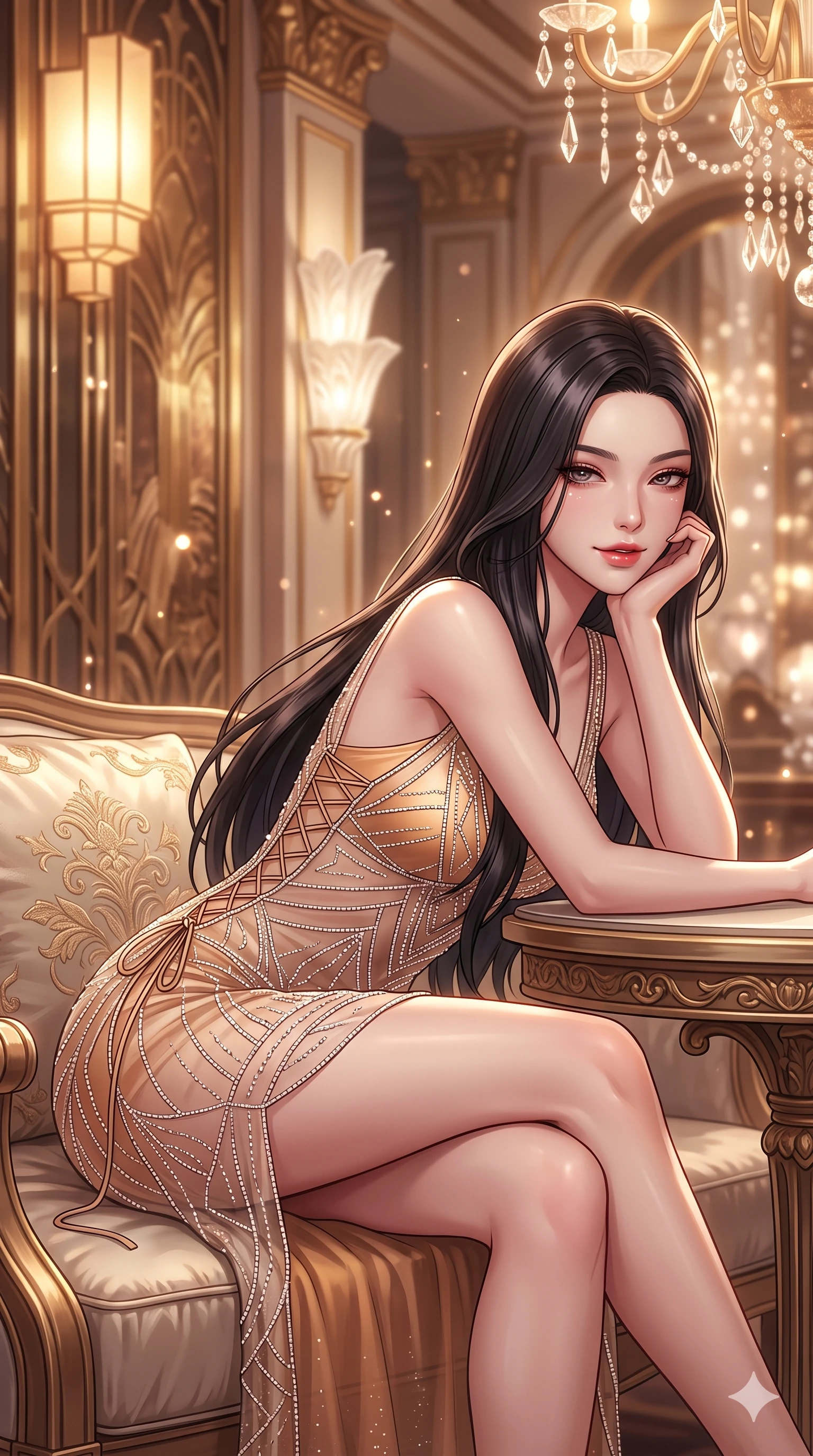 score_9, masterpiece, best quality, ultra-detailed, high-budget anime keyframe, semi-realistic 3D game render, editorial fashion photography, tasteful artistic composition, Korean woman. close-up cowboy shot from the waist and thighs up, the character dominates the composition, filling the frame with her large presence. resting one elbow on the table and supporting her chin, leaning close to the camera with heavy-lidded sparkling eyes and parted lips while lounging in an embroidered silk divan propped on one elbow with legs crossed, flashing an intoxicating smile with parted glossy lips as crystal chandeliers sparkle. The background shows a soft-focus towering geometric brass art deco murals, sculpted frosted Lalique glass fixtures, and antique gilded pilasters blurred into champagne, bronze, and cream bokeh. She has an exceptionally elegant, slender, and willowy female figure with an ultra-slim waist, flat toned midriff, narrow ribcage, and sculpted feminine hips creating an alluring, slim hourglass silhouette without bulk. sharp v-shaped jawline, high-bridge nose, intricate jewel-like sparkling eyes with depth, thick eyelashes, glossy parted lips with a natural sheen, intensely captivating and seductive bedroom-eyes expression, exuding both youthful cute charm and sovereign luxury allure, flawlessly proportioned anatomical accuracy, strict slender model proportions, natural body alignment, perfectly sculpted long slender limbs, ultra-slim waistline, clean dynamic posture without body distortion. wearing a sheer vintage mesh flapper dress adorned with intricate geometric beadwork over an opaque silk micro-slip in cosmic eclipse amber and starlight diamond, woven from buttery-soft stretch lambskin leather adhering to her body like a second skin, featuring fine criss-cross lace-up side ties revealing tantalizing glimpses of her hip curve, the form-contouring cut accentuating her sculpted flat midriff, narrow delicate ribcage, and gracefully curvy hips with intoxicating allure. bathed in the majestic, warm 2600K amber glow of geometric Lalique glass fixtures filtering through brass lattices. highly saturated vibrant anime colors, detailed shading with soft gradients, rich glossy textures, high-contrast stereoscopic depth, volumetric dynamic lighting, master piece, 9:16 ratio