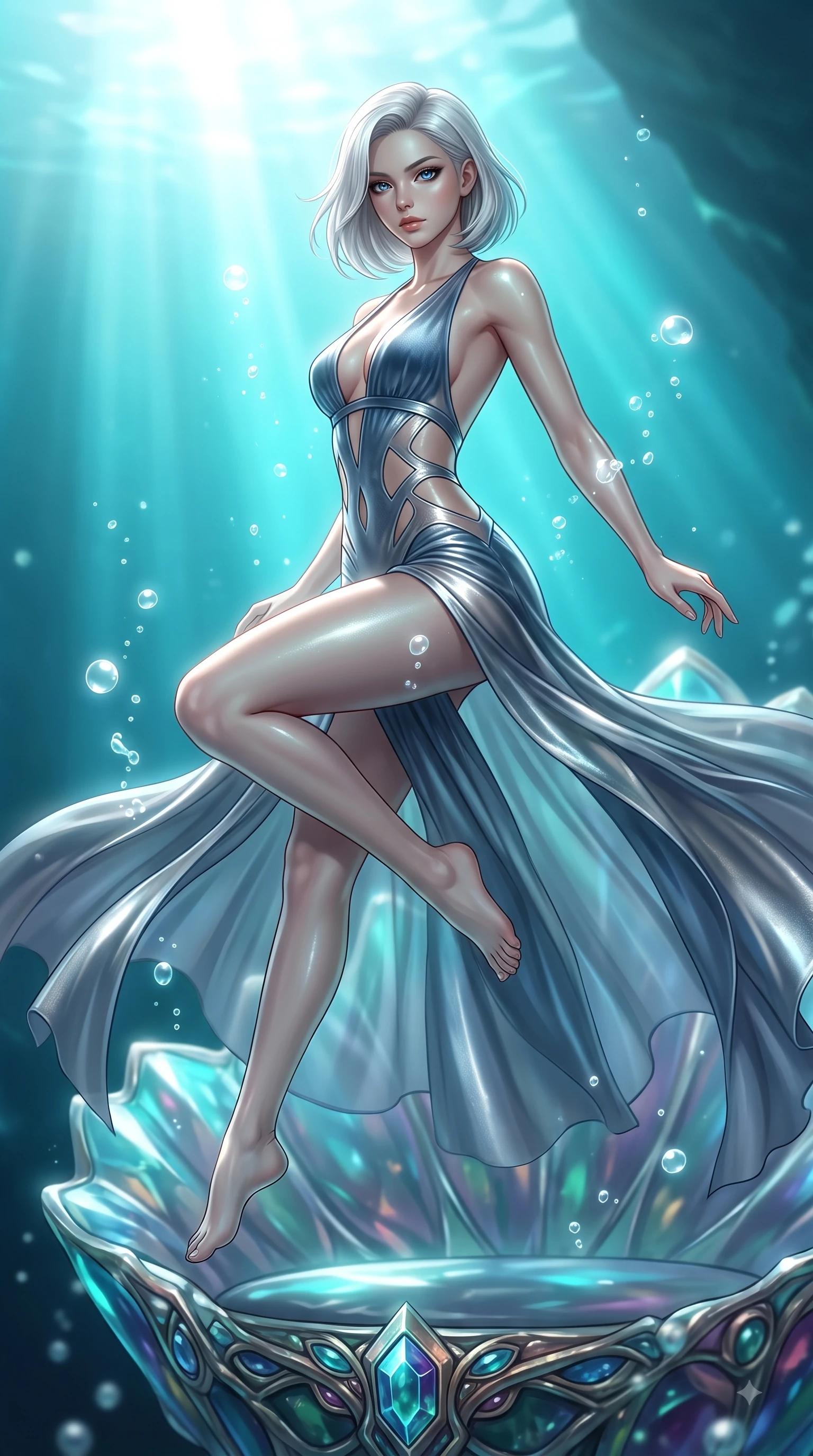 score_9, masterpiece, best quality, ultra-detailed, high-budget anime keyframe, editorial fashion photography, tasteful artistic composition, Caucasian woman. low angle full-body shot from head to toe showing her feet, filling the entire 9:16 vertical frame with her statuesque presence, stretching her vertical silhouette. leaping gracefully through mid-air with statuesque elegance, her impossibly long slender legs stretched in perfect balance while poised on an abyssal prism shell throne as gentle sea bubbles cast pearl-white highlights, rising bioluminescent bubbles casting soft pearl-like highlights on her athletic build. She has an absolutely perfect, statuesque 8.5-heads proportion, an exceptionally tall and slender model-like female figure with impossibly long slender legs and an ultra-slim waist. sharp v-shaped jawline, high-bridge nose, intricate jewel-like eyes with depth, thick eyelashes, glossy lips with a natural sheen, flawlessly proportioned anatomical accuracy, natural body alignment, perfectly sculpted elegant limbs, clean dynamic posture without body distortion. wearing a translucent iridescent chiffon gown with a plunging neckline and open back in slate blue and metallic silver, made of premium stretch velvet with a rich sheen, featuring clean architectural cutouts along her slender torso, the sleek second-skin texture accentuating her magnetic presence. bathed in brilliant underwater sunbeams and soft turquoise caustic glow. ultra-reflective glossy finish, specular highlights, metallic sheen, high-contrast stereoscopic depth, volumetric dynamic lighting, 2k, ultra detail, master piece, 9:16 ratio
