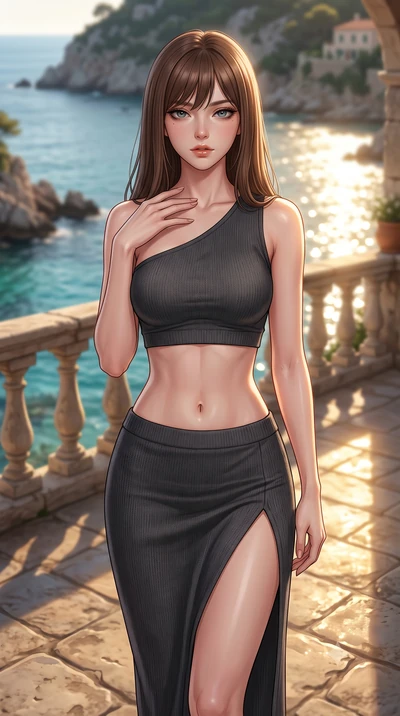 score_9, masterpiece, best quality, ultra-detailed, high-budget anime keyframe, editorial fashion photography, tasteful artistic composition, Korean woman woman. close-up cowboy shot from the waist and thighs up, the character dominates the compositi