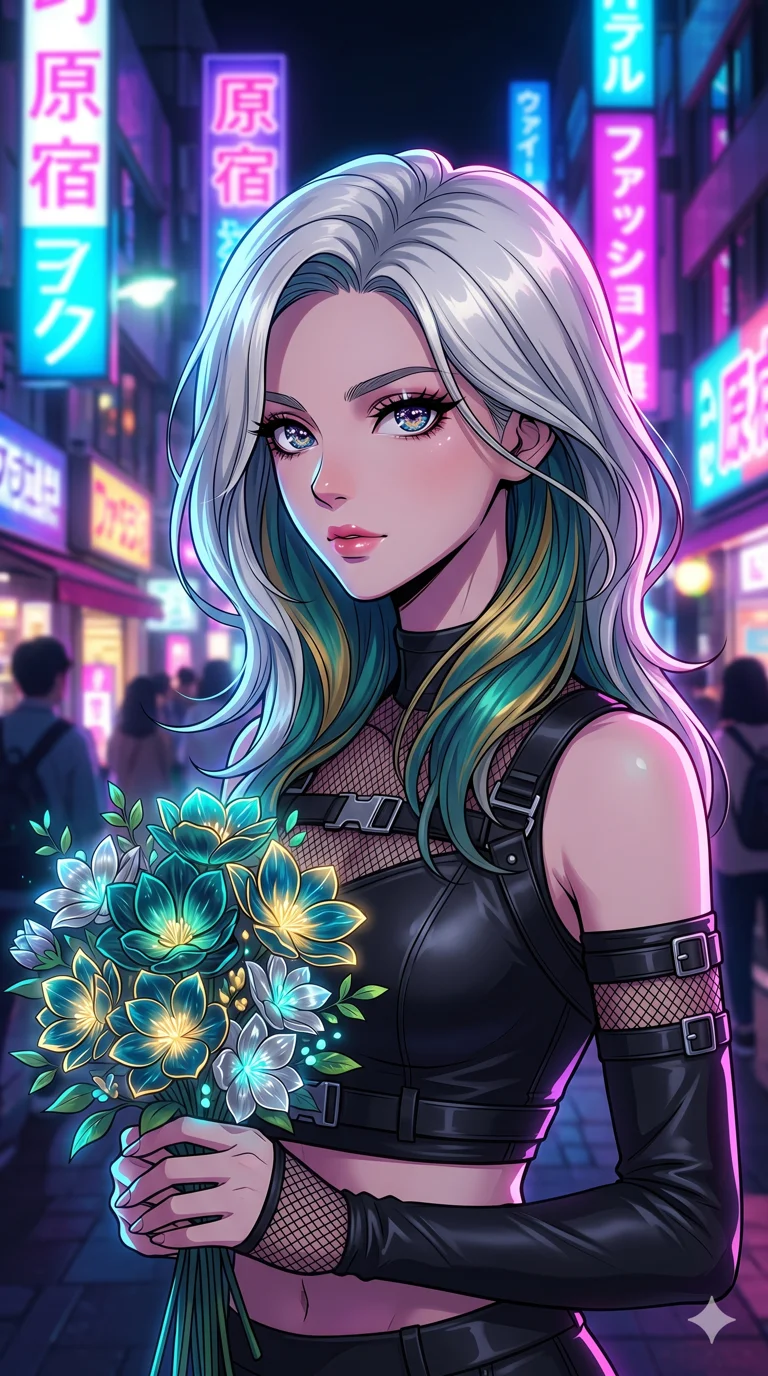 score_9, masterpiece, best quality, ultra-detailed, high-budget anime keyframe, vibrant colors and expressive line art, an incredibly beautiful Caucasian woman (strictly human ears). Medium shot of upper body focusing on her alluring and cute features and her ethereal silver hair with hidden peacock-feather colored under-dye (teal and gold), filling the vertical 9:16 frame. She is holding a bouquet of bioluminescent flowers that match her hair. She has a sharp v-shaped jawline, high-bridge nose, intricate jewel-like eyes, thick eyelashes, and glossy lips. She possesses an absolutely perfect 8-heads proportion and a slim-fit silhouette. She is wearing a stylish leather crop top with tactical straps and fishnet accents, highlighting her alluring silhouette. a neon-lit Harajuku street at night with vibrant bokeh lights, dramatic rim lighting, cinematic shadows, 2k, ultra detail, master piece, 9:16 ratio