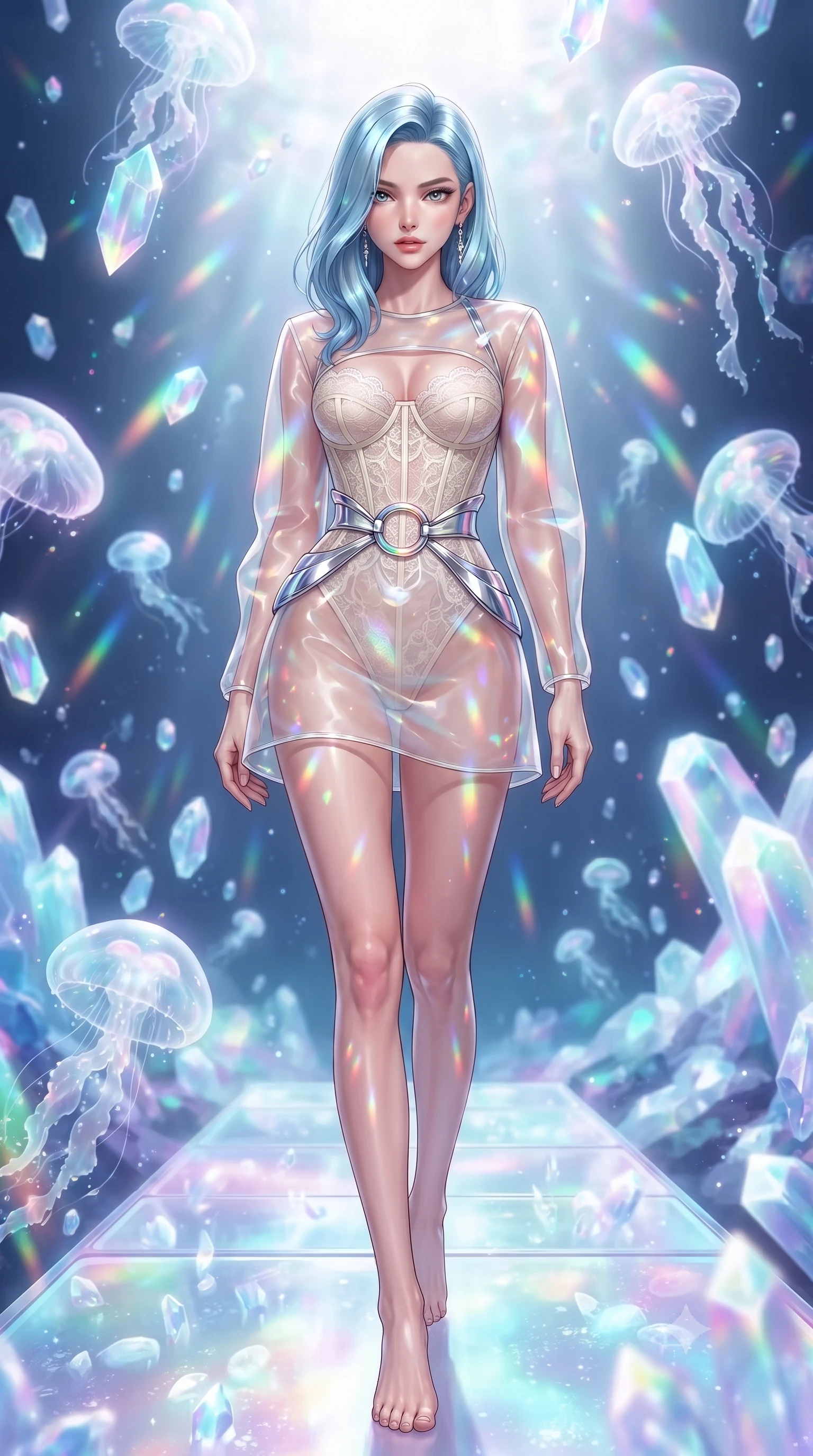score_9, masterpiece, best quality, ultra-detailed, high-budget anime keyframe, editorial fashion photography, tasteful artistic composition, Korean woman. low angle full-body shot from head to toe showing her feet, filling the entire 9:16 vertical frame with her statuesque presence, stretching her vertical silhouette. forging confidently through the floating crystal mist, holding a poised statuesque stance, poised on an opal crystal walkway surrounded by floating luminescent sea-spirits, translucent jellyfish bells scattering soft rainbow prisms across her skin. She has an absolutely perfect, statuesque 8.5-heads proportion, an exceptionally tall and slender model-like female figure with impossibly long slender legs and an ultra-slim waist. sharp v-shaped jawline, high-bridge nose, intricate jewel-like eyes with depth, thick eyelashes, glossy lips with a natural sheen. wearing translucent opal organza mini dress over structured white lace corset in glowing ivory, made of sculpted platinum chrome, accented with sculpted opal chrome rings at the waist, contouring every curve with an exceptionally elegant silhouette. illuminated by soft opal bioluminescence and radiant pastel inner glow. highly saturated vibrant anime colors, detailed shading with soft gradients, rich glossy textures, high-contrast stereoscopic depth, volumetric dynamic lighting, master piece, 9:16 ratio
