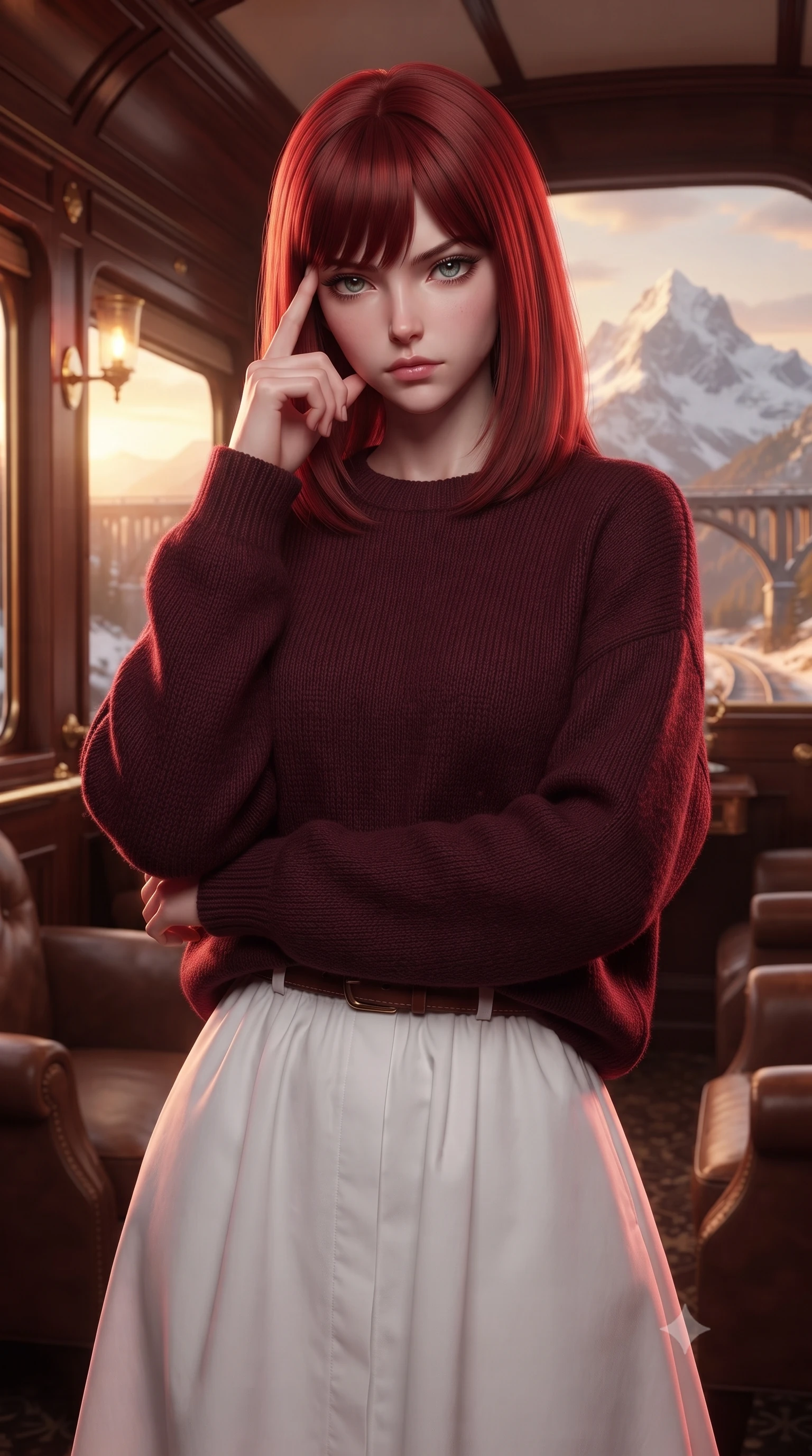score_9, masterpiece, best quality, ultra-detailed, high-budget anime keyframe, editorial fashion photography, tasteful artistic composition, Caucasian woman, strictly human ears. close-up cowboy shot from the waist and thighs up, the character dominates the composition, filling the frame with her large presence, background elements kept in soft focus. Pressing two fingers to her temple in a composed thoughtful gesture. set against a soft-focus background of the observation car of a legendary luxury train crossing a spectacular mountain bridge at sunset with polished mahogany panels brass fittings leather armchairs and panoramic windows framing snow-capped peaks. She has an exceptionally elegant and slender, willowy female figure with an ultra-slim waist, a gracefully sculpted slender torso, and a refined slim physique. sharp v-shaped jawline, high-bridge nose, intricate jewel-like eyes with depth, thick eyelashes, glossy lips with a natural sheen. wearing a dark burgundy knit sweater with a relaxed fit, paired with a white cotton poplin skirt and a leather belt. deep crimson theatrical lighting with sharp specular highlights on every curve. 2k, ultra detail, master piece, 9:16 ratio