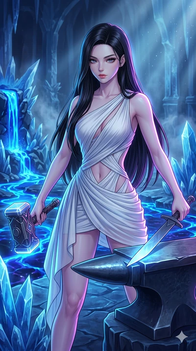 score_9, masterpiece, best quality, ultra-detailed, high-budget anime keyframe, Japanese woman. upper body close-up from the thighs up, character filling the screen for maximum presence. forging in a prismatic ice-volcano temple where glowing cobalt-