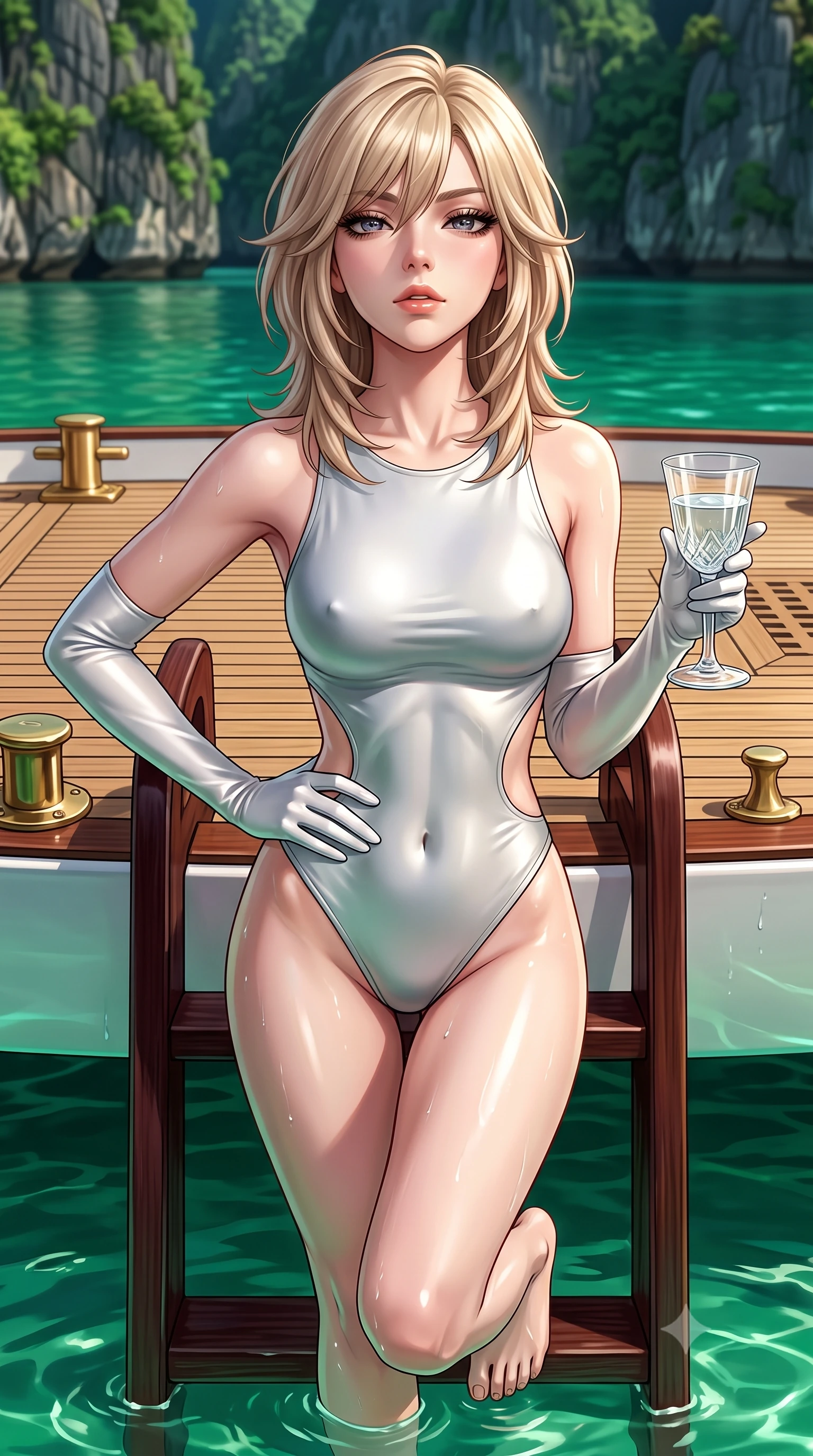 score_9, masterpiece, best quality, ultra-detailed, high-budget anime keyframe, semi-realistic 3D game render, editorial fashion photography, tasteful artistic composition, Japanese woman. close-up cowboy shot from the waist and thighs up, the character dominates the composition, filling the frame with her large presence. tilting her chin up with proud, sovereign allure while gazing through thick eyelashes, one hand resting on her waist in pure supermodel charisma while wading down the mahogany swim ladder with one knee bent, water caustics tracing her feminine hips and long slender legs in the emerald bay. The surrounding environment is rendered in vivid detail and crisp panoramic clarity. sharp teak deck caulking lines, polished brass marine hardware, and karst cliff vegetation texture in deep focus. She has an exceptionally elegant, slender, and willowy female figure with an ultra-slim waist, flat toned midriff, narrow ribcage, and sculpted feminine hips creating an alluring, slim hourglass silhouette without bulk. sharp v-shaped jawline, high-bridge nose, intricate jewel-like eyes with depth, thick eyelashes, glossy parted lips with a natural sheen, intensely captivating and seductive bedroom-eyes expression, flawlessly proportioned anatomical accuracy, strict slender model proportions, natural body alignment, perfectly sculpted long slender limbs, ultra-slim waistline, clean dynamic posture without body distortion. wearing a botanical cutout monokini with organic leaf-curve side openings and high-cut hip bands in shimmering silver mercury and pearl white, formed from supple second-skin lambskin leather with specular sheen, accessorized with opera-length satin gloves and a vintage crystal glass, the second-skin form-contouring cut accentuating her sculpted flat midriff, narrow delicate ribcage, and gracefully curvy hips with supermodel precision. illuminated by radiant jade water reflections accentuating her sculpted midriff, narrow waist, and curvy hips. highly saturated vibrant anime colors, detailed shading with soft gradients, rich glossy textures, high-contrast stereoscopic depth, volumetric dynamic lighting, master piece, 9:16 ratio