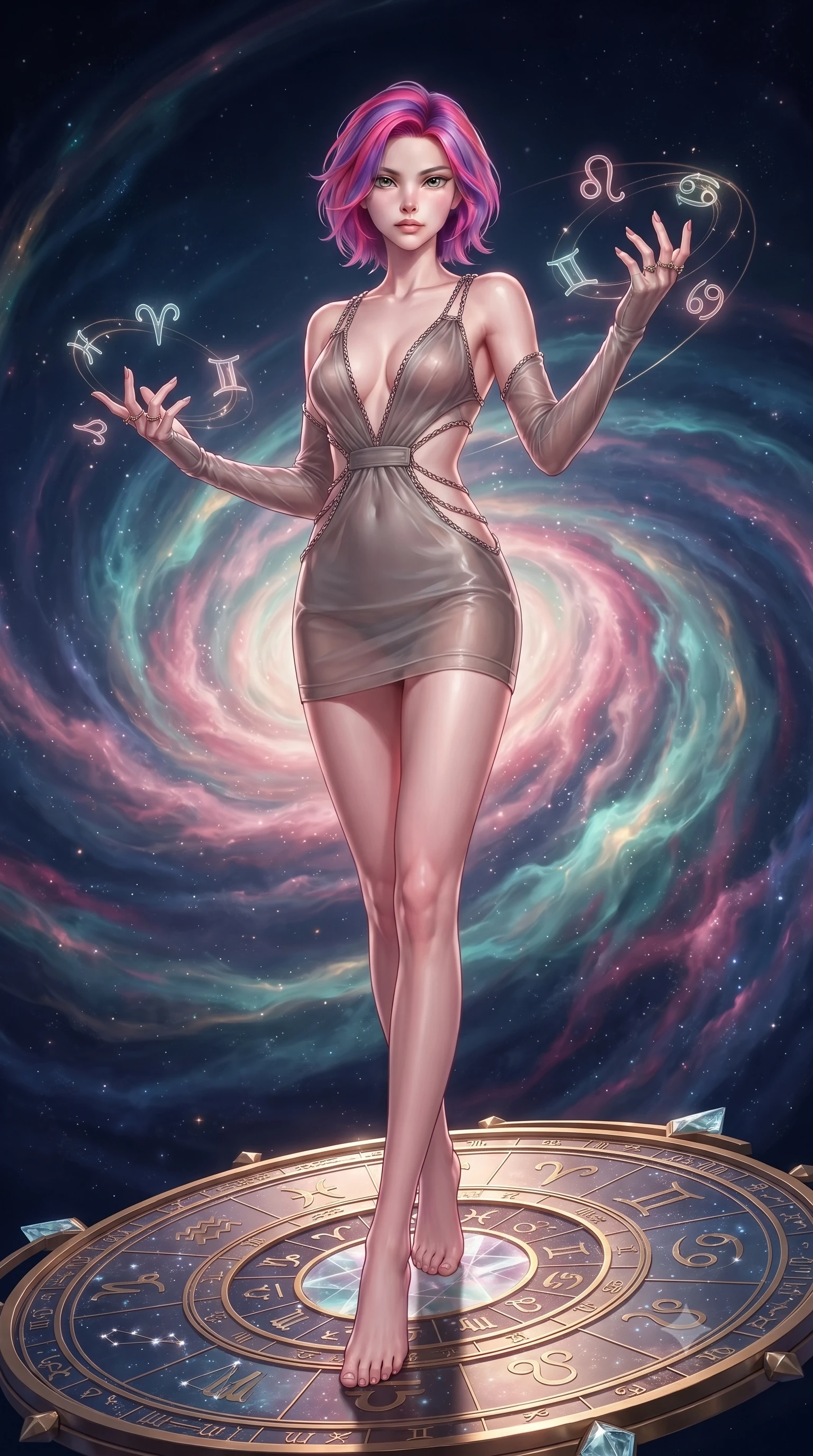 score_9, masterpiece, best quality, ultra-detailed, high-budget anime keyframe, editorial fashion photography, tasteful artistic composition, Caucasian woman. low angle full-body shot from head to toe showing her feet, filling the entire 9:16 vertical frame with her statuesque presence, stretching her vertical silhouette. forging dynamically through the scene, her vertical silhouette beautifully stretched standing on a floating zodiac dial beneath a swirling spiral nebula, translucent zodiac glyphs orbiting around her delicate hands. She has an absolutely perfect, statuesque 8.5-heads proportion, an exceptionally tall and slender model-like female figure with impossibly long slender legs and an ultra-slim waist. sharp v-shaped jawline, high-bridge nose, intricate jewel-like eyes with depth, thick eyelashes, glossy lips with a natural sheen. wearing a liquid mercury gloss mini dress with ultra-deep V-neck and waist cutouts in muted taupe and soft ivory, woven from fine semi-opaque sheer organza, adorned with delicate metallic chain straps along the neckline, the glove-like fit emphasizing her statuesque silhouette. bathed in radiant cosmic pink and deep navy blue ambient light. highly saturated vibrant anime colors, detailed shading with soft gradients, rich glossy textures, high-contrast stereoscopic depth, volumetric dynamic lighting, master piece, 9:16 ratio