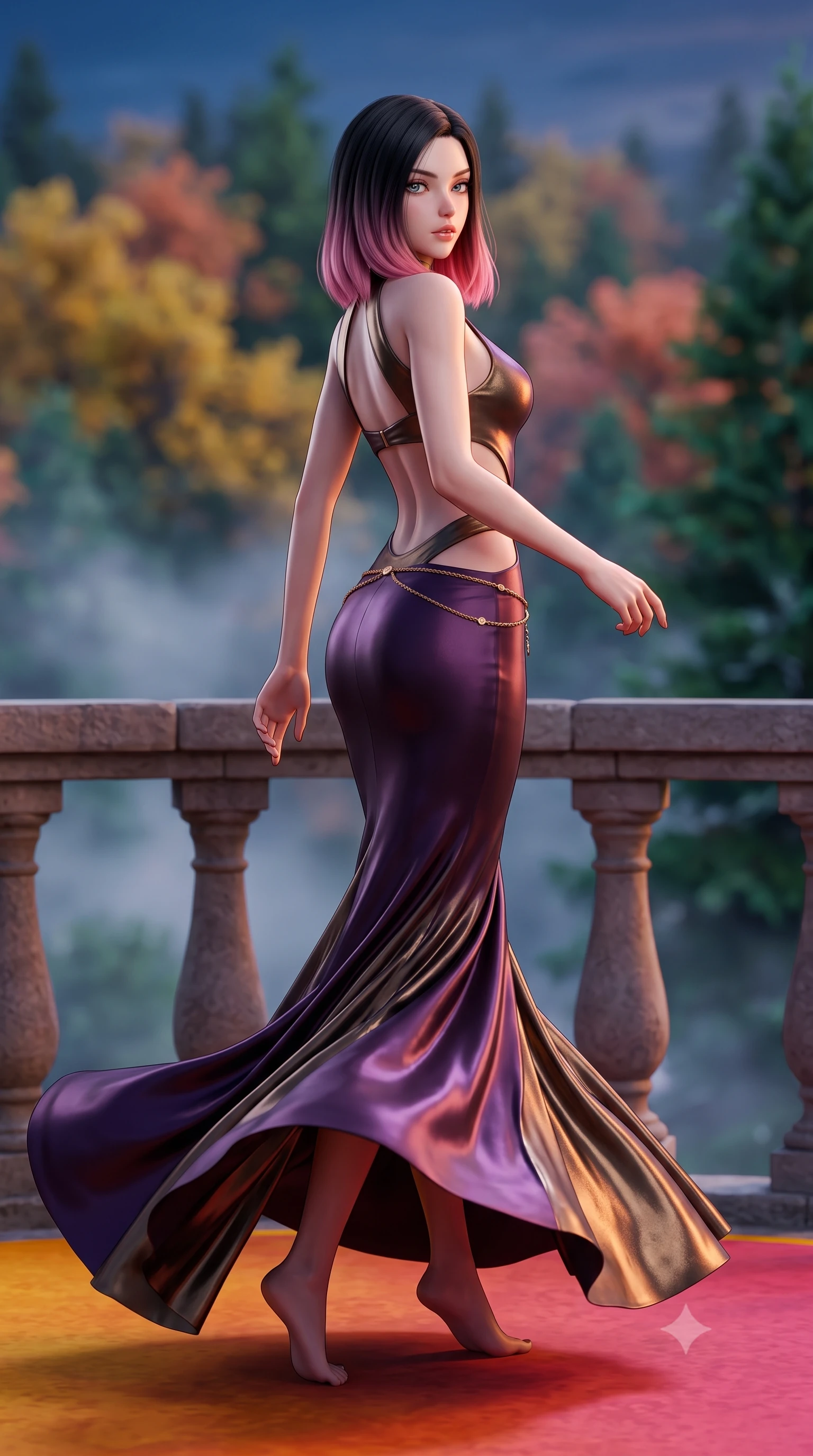 score_9, masterpiece, best quality, ultra-detailed, high-budget anime keyframe, semi-realistic 3D game render, editorial fashion photography, tasteful artistic composition, Korean woman. low angle full-body shot from head to toe showing her feet, filling the entire 9:16 vertical frame with her statuesque presence, stretching her vertical silhouette. executing an elegant mid-motion pivot turn as garments swirl around her slender limbs, glancing over her shoulder with an intoxicating bedroom-gaze while standing on the vivid ochre and rose-red castle rampart balcony, arching her lower back as Atlantic coastal mist swirls through the enchanted forest below. The composition keeps background elements in soft focus with creamy bokeh. vibrant yellow and terracotta castle battlements and lush mossy pine tree canopies blurred into mustard, coral, and emerald bokeh. She has an exceptionally tall and slender model-like 8.5-heads proportion, an ultra-slim waist, a flat toned midriff, narrow delicate ribcage, and beautifully sculpted feminine hips creating a graceful, slim hourglass silhouette without any bulky heaviness, with impossibly long slender legs. sharp v-shaped jawline, high-bridge nose, intricate jewel-like eyes with depth, thick eyelashes, glossy parted lips with a natural sheen, intensely captivating and seductive bedroom-eyes expression, flawlessly proportioned anatomical accuracy, strict slender model proportions, natural body alignment, perfectly sculpted long slender limbs, ultra-slim waistline, clean dynamic posture without body distortion. wearing a sculptured liquid-satin mermaid gown with an architectural open-waist cutout and bare spine in deep plum violet and antique bronze, crafted from luxurious metallic lamé that shifts radiance with every step, accented with a delicate gold chain belt resting loosely on her curvy hips, the form-contouring material adhering flawlessly to her sculpted flat midriff and slender torso, emphasizing her long leg lines and perfectly proportioned willowy build. illuminated by warm terracotta wall bounce fill sharply sculpting her razor-sharp jawline, narrow waist, and curvy hips. highly saturated vibrant anime colors, detailed shading with soft gradients, rich glossy textures, high-contrast stereoscopic depth, volumetric dynamic lighting, master piece, 9:16 ratio