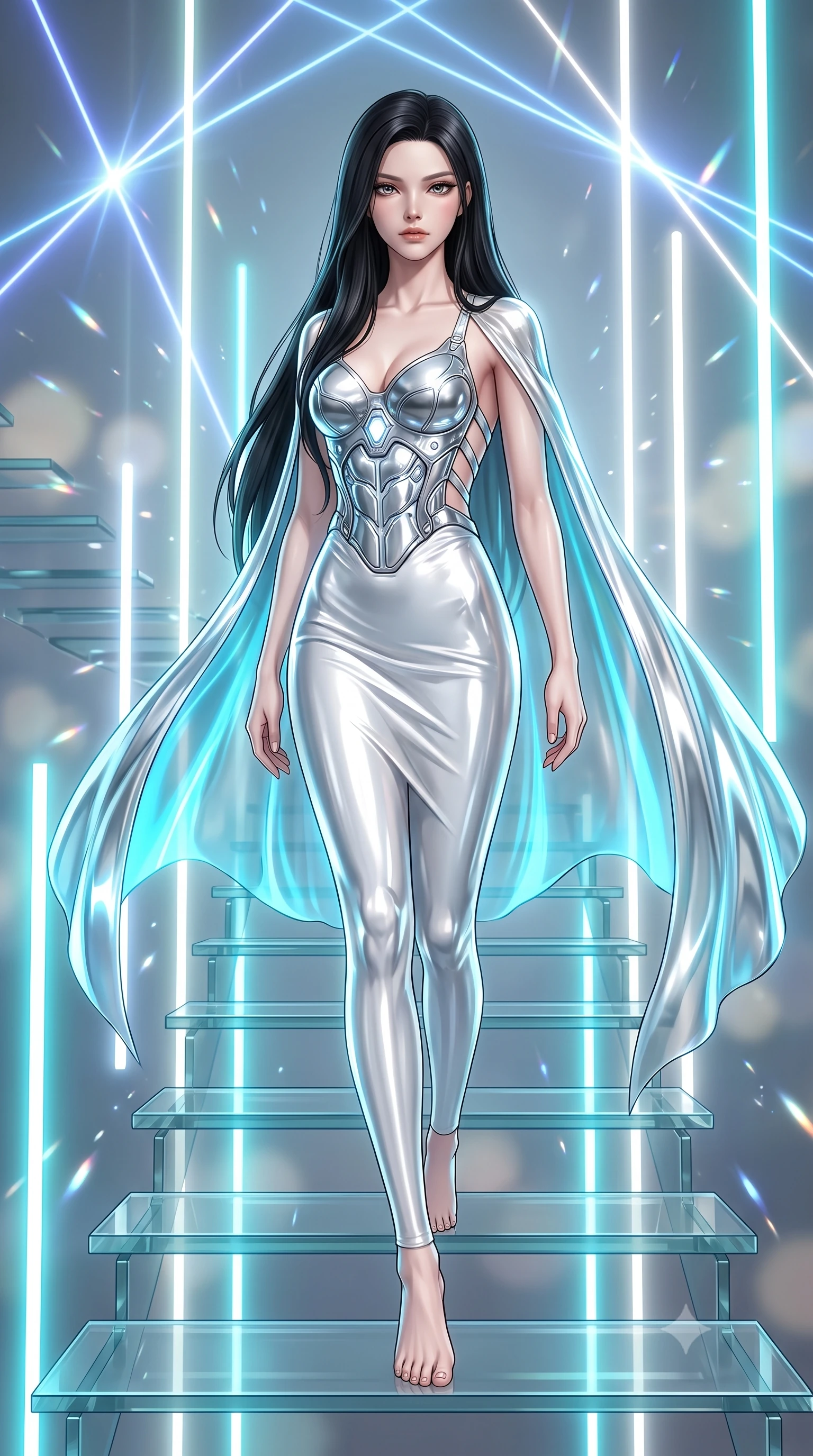 score_9, masterpiece, best quality, ultra-detailed, high-budget anime keyframe, editorial fashion photography, tasteful artistic composition, Korean woman. low angle full-body shot from head to toe showing her feet, filling the entire 9:16 vertical frame with her statuesque presence, stretching her vertical silhouette. striding forward with commanding supermodel grace, her 8.5-heads statuesque silhouette dominating the vertical frame from head to toe while ascending a suspended glass stairway illuminated by vertical neon light shafts with divine cybernetic majesty. The composition keeps background elements in soft focus with creamy bokeh. brilliant laser light beams and chrome specular glints scattering radiant motes across a soft backdrop. She has an absolutely perfect, statuesque 8.5-heads proportion, an exceptionally tall and slender model-like female figure with impossibly long slender legs, a toned flat midriff, and an ultra-slim waist. sharp v-shaped jawline, high-bridge nose, intricate jewel-like eyes with depth, thick eyelashes, glossy lips with a natural sheen, flawlessly proportioned anatomical accuracy, strict slender model proportions, natural body alignment, perfectly sculpted long slender limbs, ultra-slim waistline, clean dynamic posture without body distortion. wearing a form-contouring white liquid-mercury gown with polished silver biomechanical breastplate and flowing luminescent chiffon cape in polished mirror chrome and glowing electric cyan neon, crafted from ultra-reflective second-skin liquid metal with a mirror-like polish, complemented by criss-cross back straps highlighting her completely bare spine, the form-contouring material adhering flawlessly to her sculpted flat midriff and slender torso, emphasizing her long leg lines and perfectly proportioned willowy build. illuminated by crisp white key light and sharp specular rim highlights tracing her slender curves. ultra-reflective glossy finish, specular highlights, dark metallic sheen, high-contrast stereoscopic depth, volumetric dynamic lighting, 2k, ultra detail, master piece, 9:16 ratio