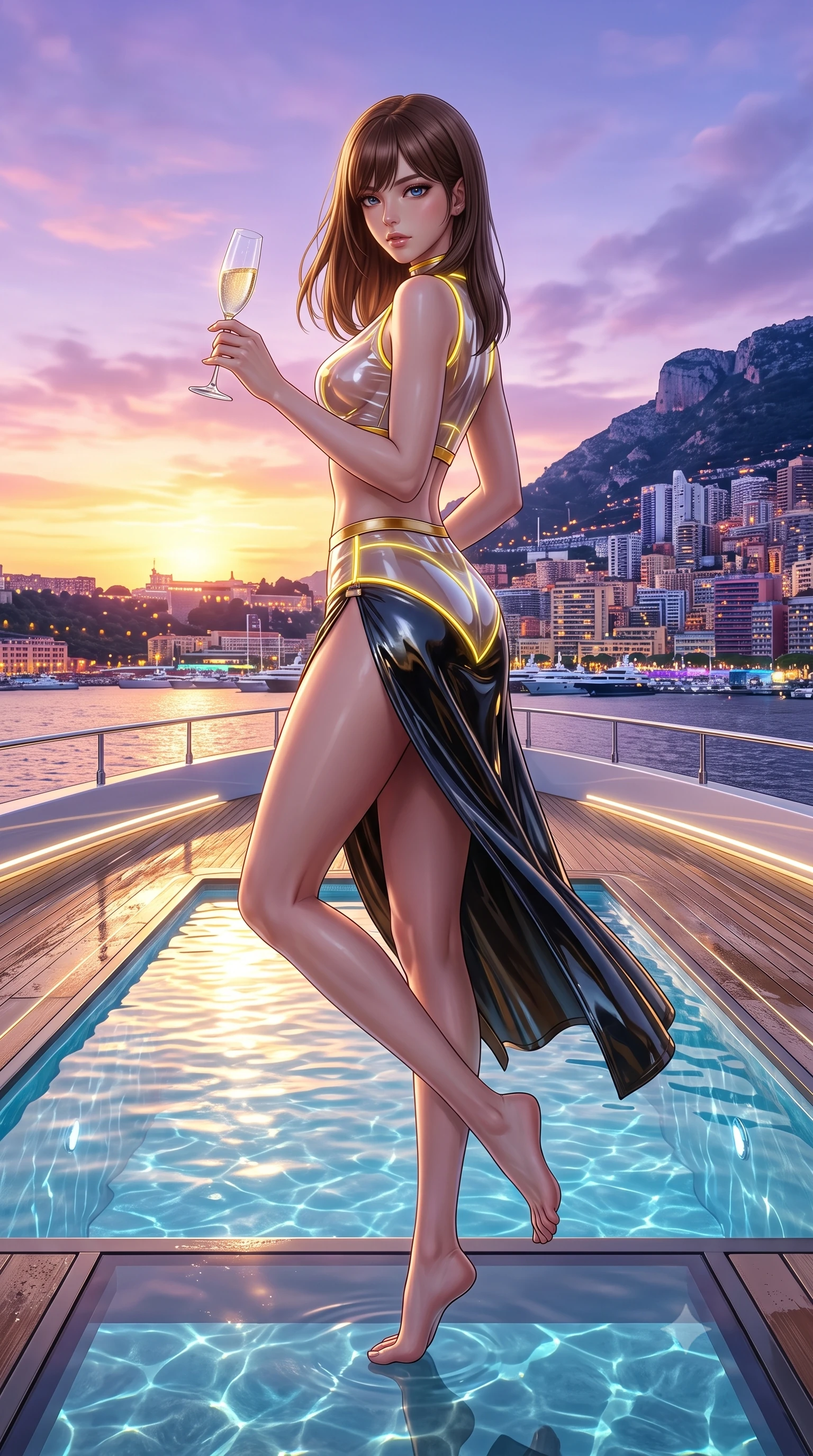 score_9, masterpiece, best quality, ultra-detailed, high-budget anime keyframe, semi-realistic 3D game render, editorial fashion photography, tasteful artistic composition, Korean woman. low angle full-body shot from head to toe showing her feet, filling the entire 9:16 vertical frame with her statuesque presence, stretching her vertical silhouette. pivoting dynamically in mid-motion with a breathtakingly alluring posture, displaying her flawless model proportions and ultra-slim waist while pivoting dynamically near the yacht's glass-bottom pool with a champagne flute in hand under a glowing pastel sky. The surrounding environment is rendered in vivid detail and crisp panoramic clarity. sharp Monaco hillside architecture, glowing yacht LED lighting strips, and sunset sky in high clarity. She has an absolutely perfect, statuesque 8.5-heads proportion, an exceptionally tall and slender model-like female figure with impossibly long slender legs, a toned flat midriff, and an ultra-slim waist. sharp v-shaped jawline, high-bridge nose, intricate jewel-like eyes with depth, thick eyelashes, glossy lips with a natural sheen, flawlessly proportioned anatomical accuracy, strict slender model proportions, natural body alignment, perfectly sculpted long slender limbs, ultra-slim waistline, clean dynamic posture without body distortion. wearing an ultra-minimalist clear vinyl crop top and high-waist tech-briefs accented with glowing neon fiber seams in vibrant sunburst canary yellow and gold trim, formed from high-gloss patent material with specular light reflections, finished with an ultra-high side slit secured by miniature magnetic clasps, the glove-like aerodynamic second-skin fit tightly clinging to her ultra-slender waist and athletic curves without adding bulk, accentuating her razor-sharp statuesque lines and slim hourglass silhouette. surrounded by an ultra-exclusive, opulent, and fiercely captivating Riviera supermodel aura. highly saturated vibrant anime colors, detailed shading with soft gradients, rich glossy textures, high-contrast stereoscopic depth, volumetric dynamic lighting, master piece, 9:16 ratio