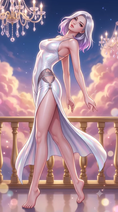 score_9, masterpiece, best quality, ultra-detailed, high-budget anime keyframe, semi-realistic 3D game render, editorial fashion photography, tasteful artistic composition, Caucasian woman. low angle full-body shot from head to toe showing her feet, 