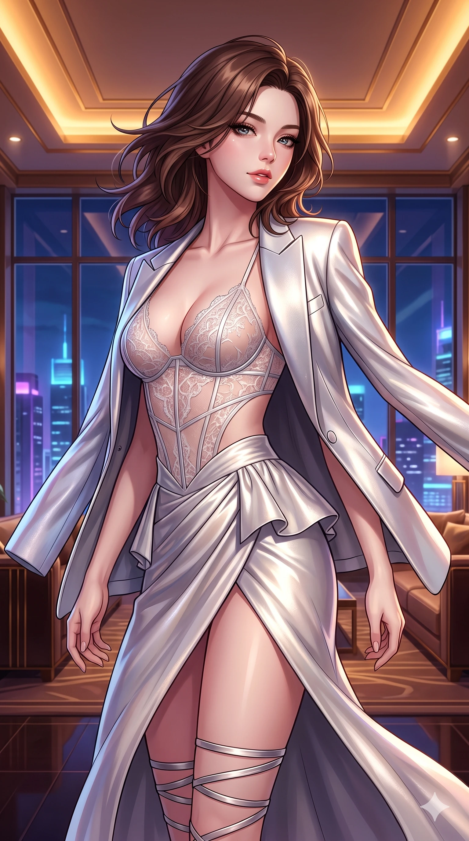 score_9, masterpiece, best quality, ultra-detailed, high-budget anime keyframe, semi-realistic 3D game render, editorial fashion photography, tasteful artistic composition, Korean woman. close-up cowboy shot from the waist and thighs up, the character dominates the composition, filling the frame with her large presence. twisting her slender torso in a deep contrapposto stance, hips dramatically shifted to accentuate her feminine curves while looking past her shoulder with smoldering bedroom-eyes while turning slowly with an enchanting smoldering smile, her glossy hair tossing in the breeze as her hips angle gracefully in a captivating contrapposto. The surrounding environment is rendered in vivid detail and crisp panoramic clarity: detailed peplum corset gown tailoring, side-waist diamond cutouts, and opulent Art Deco interior in razor-sharp precision. She has an exceptionally elegant, slender, and willowy female figure with an ultra-slim waist, flat toned midriff, narrow ribcage, and sculpted feminine hips creating an alluring, slim hourglass silhouette without bulk. sharp v-shaped jawline, high-bridge nose, intricate jewel-like sparkling eyes with depth, thick eyelashes, glossy parted lips with a natural sheen, intensely captivating and seductive bedroom-eyes expression, exuding both youthful cute charm and sovereign luxury allure, flawlessly proportioned anatomical accuracy, strict slender model proportions, natural body alignment, perfectly sculpted long slender limbs, ultra-slim waistline, clean dynamic posture without body distortion. wearing a delicate sheer French Chantilly lace teddy layered under an open tailored metallic blazer draped over bare shoulders in shimmering silver mercury and pearl white, woven from buttery-soft stretch lambskin leather adhering to her body like a second skin, complemented by strappy stiletto sandals with metallic ankle wraps accentuating her slender calves, the high-slit wrap tailoring accentuating her ultra-slim waistline and the enchanting curve of her feminine hips with alluring seductive charm. bathed in the prestigious warm 2600K amber glow of recessed Art Deco cove lighting combined with cool neon skyline fill through panoramic glass. highly saturated vibrant anime colors, detailed shading with soft gradients, rich glossy textures, high-contrast stereoscopic depth, volumetric dynamic lighting, master piece, 9:16 ratio