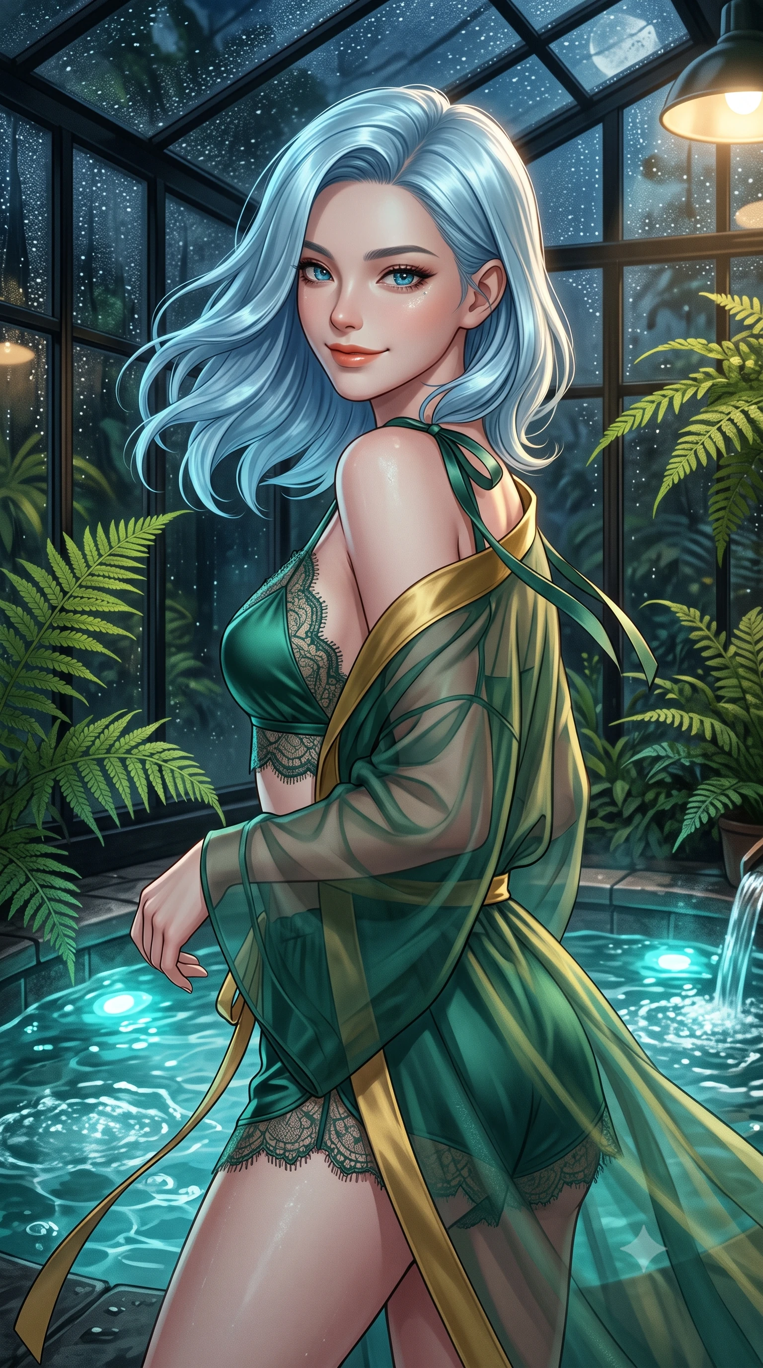 score_9, masterpiece, best quality, ultra-detailed, high-budget anime keyframe, editorial fashion photography, tasteful artistic composition, Korean woman. close-up cowboy shot from the waist and thighs up, the character dominates the composition, filling the frame with her large presence. turning slowly with an enchanting smoldering smile, her glossy hair tossing in the breeze as her hips angle gracefully in a captivating contrapposto while twisting her slender torso in an alluring contrapposto stance beside the bubbling mineral spring, warm greenhouse light caressing her flat midriff and curves. The surrounding environment is rendered in vivid detail and crisp panoramic clarity: sharp black iron greenhouse frame mullions, exotic fern frond veins, and water droplet condensation beads on glass in deep focus. She has an exceptionally elegant, slender, and willowy female figure with an ultra-slim waist, flat toned midriff, narrow ribcage, and sculpted feminine hips creating an alluring, slim hourglass silhouette without bulk. sharp v-shaped jawline, high-bridge nose, intricate jewel-like sparkling eyes with depth, thick eyelashes, glossy parted lips with a natural peach sheen, bright cheerful beaming smile with an enchanting and coquettish sensual glint, exuding both youthful cute charm and seductive allure, flawlessly proportioned anatomical accuracy, strict slender model proportions, natural body alignment, perfectly sculpted long slender limbs, ultra-slim waistline, clean dynamic posture without body distortion. wearing a sheer silk organza modern kimono robe worn loose and slipping off bare shoulders over a matching satin bralette and micro-shorts in Bavarian alpine spruce green and Neuschwanstein gilded gold, made of delicate semi-sheer French Chantilly lace with intricate eyelash edges, finished with satin ribbon ties at the shoulders fluttering in the gentle breeze, the liquid-tight tailored fabric clinging flawlessly to her narrow waist and rounded feminine hips, emphasizing every millimeter of her sculpted slim hourglass curves without any bulky heaviness. bathed in warm 2600K botanical grow lamps combined with turquoise underwater pool LEDs and clear Arctic starlight through glass. ultra-reflective glossy finish, specular highlights, rich textural contrasts, high-contrast stereoscopic depth, volumetric dynamic lighting, 2k, ultra detail, master piece, 9:16 ratio