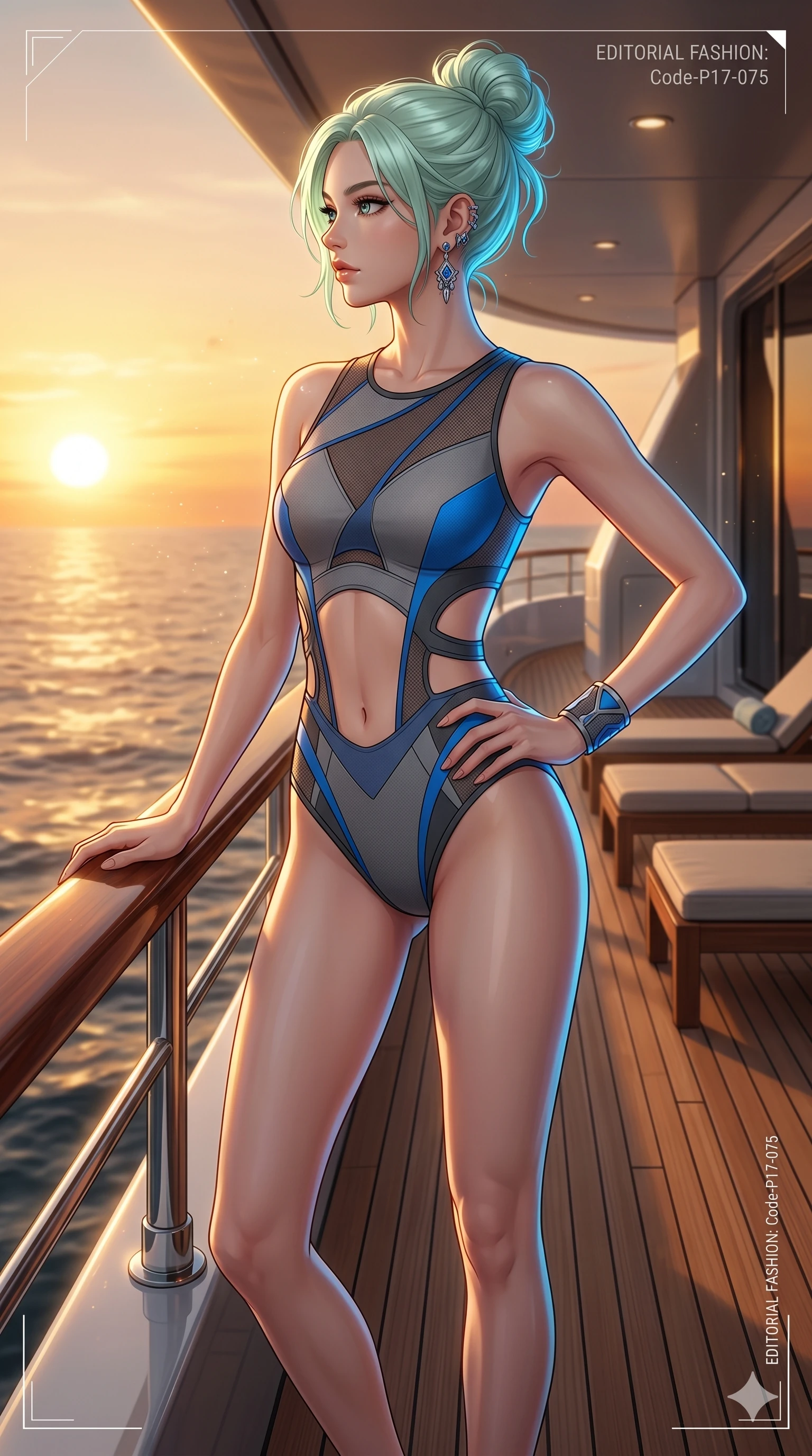 score_9, masterpiece, best quality, ultra-detailed, high-budget anime keyframe, editorial fashion photography, tasteful artistic composition, Japanese woman. cowboy shot from the thighs up, character and outfit filling the frame for maximum editorial presence. standing tall, her face turned in profile, with a composed expression on a private yacht deck at sunset with a warm sea breeze (Code-P17-075). She has an absolutely perfect 8-heads proportion, an exceptionally tall and slender female figure with impossibly long slender legs and an ultra-slim waist. V-shaped jawline, high-bridge nose, intricate jewel-like eyes with depth, thick eyelashes, glossy lips with a natural sheen. wearing a skin-tight activewear leotard with an exposed midriff and side cutouts. bright cinematic volumetric lighting with a cool blue rim light tracing her contours. 2k, ultra detail, master piece, 9:16 ratio
