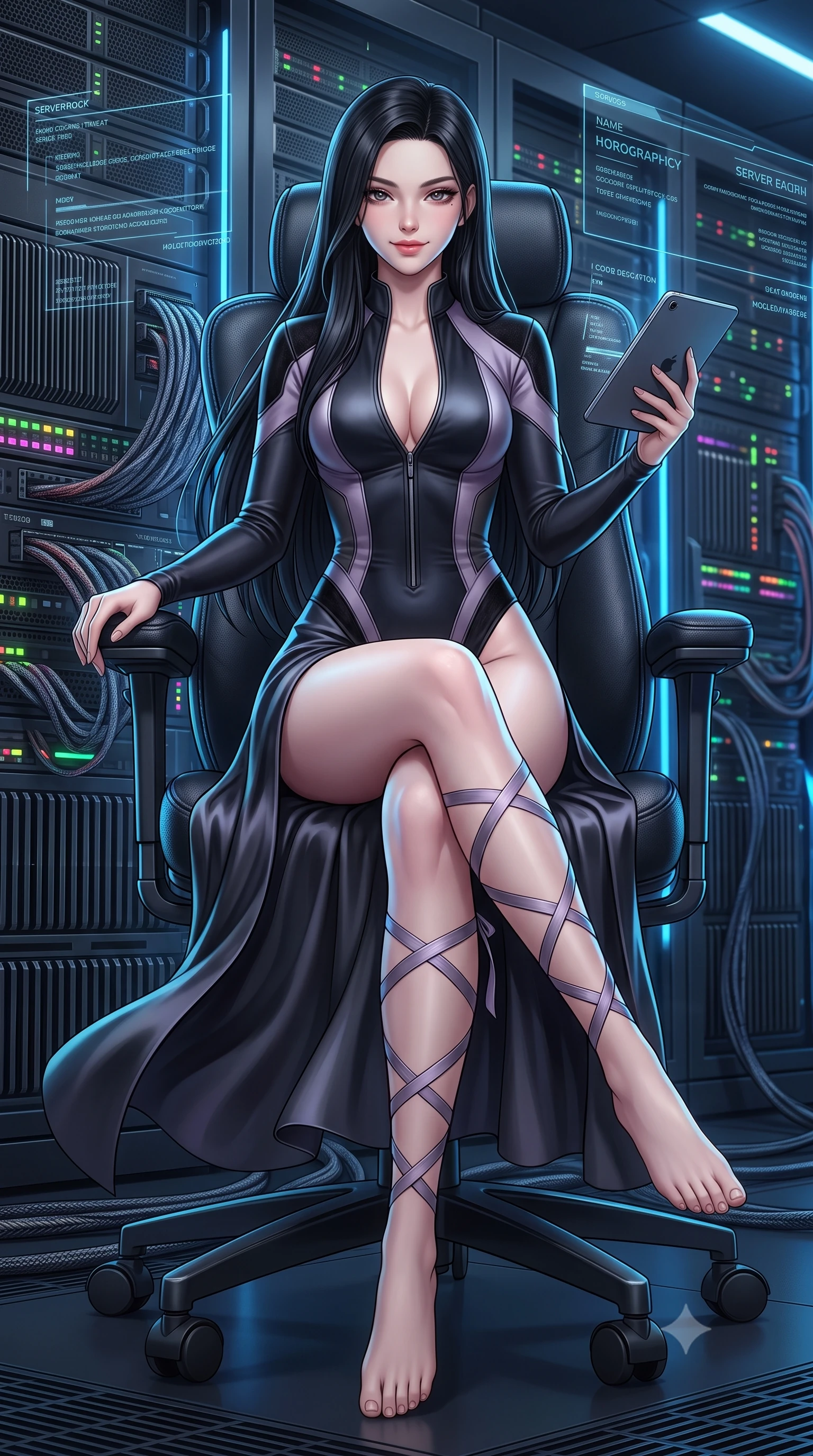 score_9, masterpiece, best quality, ultra-detailed, high-budget anime keyframe, semi-realistic 3D game render, editorial fashion photography, tasteful artistic composition, Korean woman. low angle full-body shot from head to toe showing her feet, filling the entire 9:16 vertical frame with her statuesque presence, stretching her vertical silhouette. executing a slow, graceful pivot turn as her skirt sways around her slender legs, glancing back with an enchanting, teasing sensual expression while lounging in the swivel ergonomic command chair with legs crossed, holding a micro-tablet with effortless sovereign hacker authority. The surrounding environment is rendered in vivid detail and crisp panoramic clarity: sharp holographic UI typography, server rack heat sink grilles, and braided fiber-optic cable textures in deep focus. She has an absolutely perfect, statuesque 8.5-heads proportion, an exceptionally tall and slender model-like female figure with impossibly long slender legs, an ultra-slim waist, a flat toned midriff, narrow delicate ribcage, and beautifully sculpted feminine hips creating a graceful, slim hourglass silhouette without any bulky heaviness. sharp v-shaped jawline, high-bridge nose, sparkling eyes with hypnotic seductive depth, thick curled eyelashes, glossy parted lips with a natural dewy peach sheen, alluring bedroom-eyes with an enchanting coquettish smile, exuding magnetic siren charisma and sophisticated glamour, flawlessly proportioned anatomical accuracy, strict slender model proportions, natural body alignment, perfectly sculpted long slender limbs, ultra-slim waistline, clean dynamic posture without body distortion. wearing a form-contouring liquid-tight matte-black tactical bodysuit with a plunging front zipper and high-cut leg openings in dusky lavender mist and dark charcoal velvet, crafted from fluid liquid silk satin that clings smoothly to every curve with a dewy sheen, finished with delicate satin ballet ribbon ties criss-crossing up her slender calves to the knee, the form-contouring silhouette accentuating her sculpted flat midriff, narrow delicate ribcage, and gracefully curvy hips with intoxicating allure. illuminated by server rack indicator bounce and sharp electric-blue rim lights sculpting her razor-sharp jawline, narrow waist, and curvy hips. highly saturated vibrant anime colors, detailed shading with soft gradients, rich glossy textures, high-contrast stereoscopic depth, volumetric dynamic lighting, master piece, 9:16 ratio