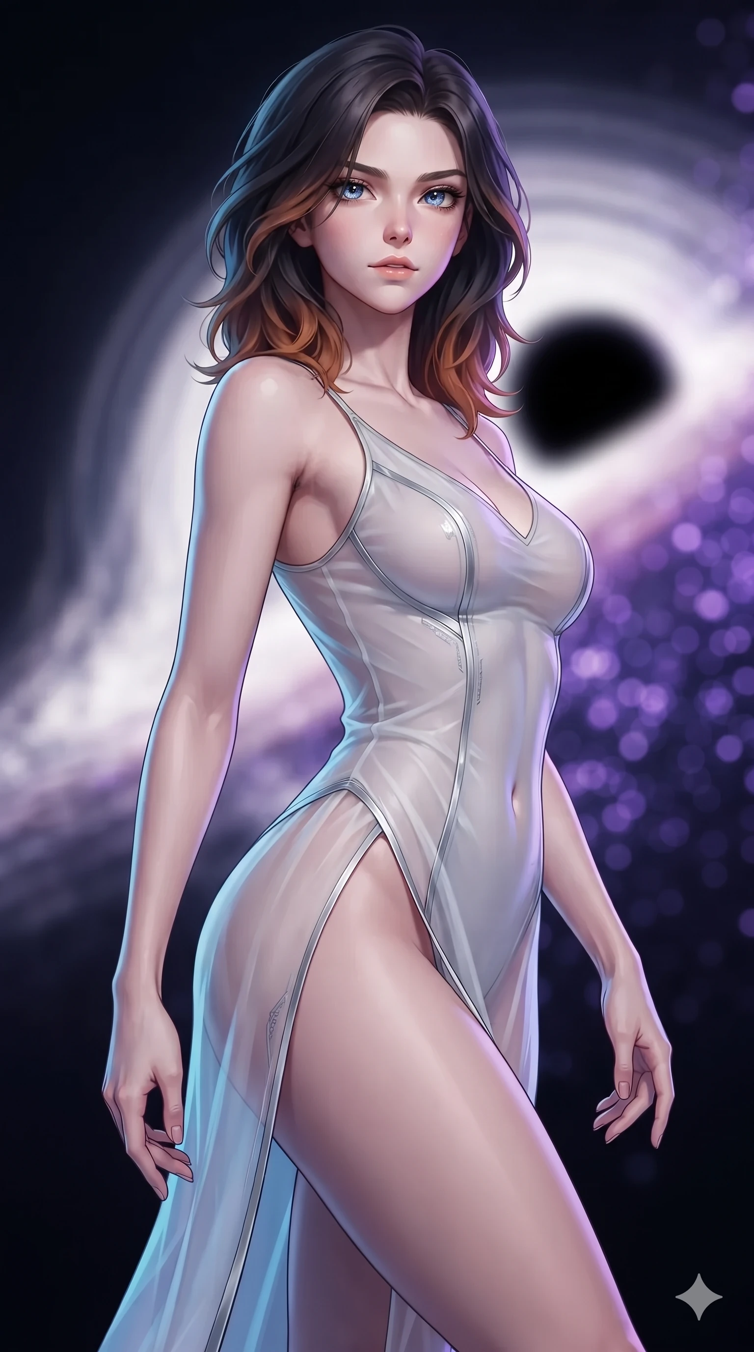 score_9, masterpiece, best quality, ultra-detailed, high-budget anime keyframe, editorial fashion photography, tasteful artistic composition, Korean woman. close-up cowboy shot from the waist and thighs up, the character dominates the composition, filling the frame with her large presence. twisting her slender torso in an alluring S-curve, dynamic rim light painting her narrow waist and curvy hips in fire while twisting her slender torso in an alluring contrapposto, radiant ultraviolet jet emissions casting luminous violet ribbons across her narrow waist and curvy hips. The background shows a soft-focus collimated relativistic plasma jet plumes, dark silhouette of the black hole shadow, and swirling magnetic flux lines blurred into violet, electric blue, and pitch-black bokeh. She has an exceptionally elegant, slender, and willowy female figure with an ultra-slim waist, flat toned midriff, narrow ribcage, and sculpted feminine hips creating an alluring, slim hourglass silhouette without bulk. sharp v-shaped jawline, high-bridge nose, intricate jewel-like sparkling eyes with depth, thick eyelashes, glossy parted lips with a natural sheen, bright confident smile with an enchanting and coquettish sensual glint, exuding both youthful magnetic charm and sovereign high-tech allure, flawlessly proportioned anatomical accuracy, strict slender model proportions, natural body alignment, perfectly sculpted long slender limbs, ultra-slim waistline, clean dynamic posture without body distortion. wearing a form-contouring gossamer cyber-chiffon flight slip with a hip-high slit and open cowl back clinging with dewy moisture in pure alabaster white and brushed silver accents, crafted from translucent high-gloss aerospace polymer with an internal crystalline sheen, accented with an open-back drape framed by falling strands of delicate chrome chains, the glove-like clinging cut tightly following the natural contour of her hips and long slender legs with youthful 8.5-heads elegance. illuminated by window reflections and sharp violet-platinum rim lights sculpting her razor-sharp jawline, narrow waist, and curvy hips. ultra-reflective glossy finish, specular highlights, rich textural contrasts, high-contrast stereoscopic depth, volumetric dynamic lighting, 2k, ultra detail, master piece, 9:16 ratio