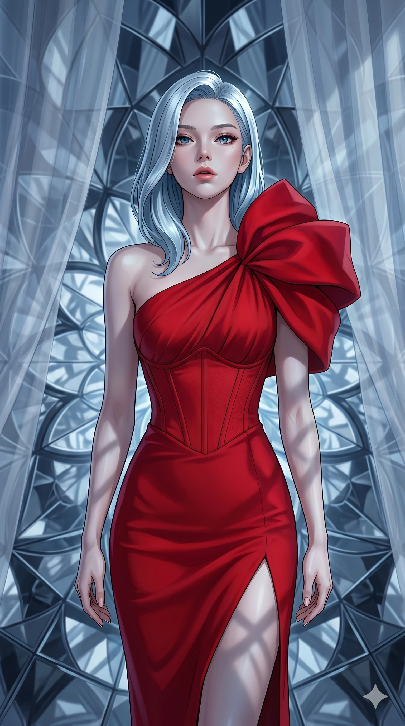 score_9, masterpiece, best quality, ultra-detailed, high-budget anime keyframe, editorial fashion photography, tasteful artistic composition, Korean woman. cowboy shot from the thighs up, character and outfit filling the frame for maximum editorial presence. Tilting her chin up slightly with lips parted in a composed expression within a rotating kaleidoscope chamber where mirrored petals form endlessly shifting mandalas. She has an absolutely perfect 8-heads proportion, an exceptionally tall and slender female figure with impossibly long slender legs and an ultra-slim waist. V-shaped jawline, high-bridge nose, intricate jewel-like eyes with depth, thick eyelashes, glossy lips with a natural sheen. wearing a scarlet red crepe floor-length one-shoulder gown with a structured fitted bodice, a bold side slit ascending to mid-thigh, and dramatic architectural volume at the shoulder. bathed in cold silver moonlight filtered through translucent gossamer curtains casting soft shadows on her curves. 2k, ultra detail, master piece, 9:16 ratio