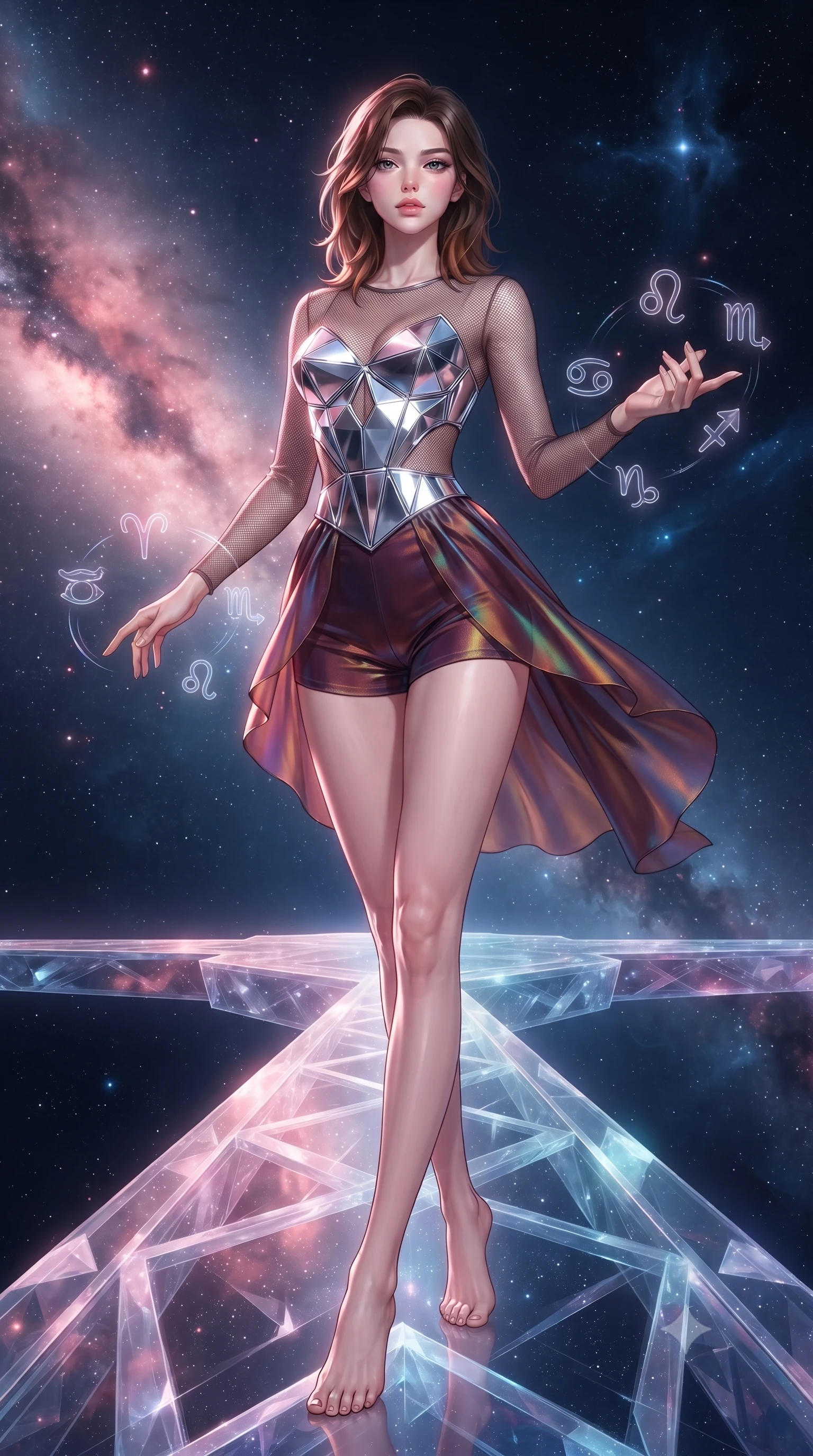 score_9, masterpiece, best quality, ultra-detailed, high-budget anime keyframe, editorial fashion photography, tasteful artistic composition, Korean woman. low angle full-body shot from head to toe showing her feet, filling the entire 9:16 vertical frame with her statuesque presence, stretching her vertical silhouette. navigating the luminous space with effortless poise, displaying her perfect model proportions stepping along a crystalline cosmic bridge in deep space, translucent zodiac glyphs orbiting around her delicate hands. She has an absolutely perfect, statuesque 8.5-heads proportion, an exceptionally tall and slender model-like female figure with impossibly long slender legs and an ultra-slim waist. sharp v-shaped jawline, high-bridge nose, intricate jewel-like eyes with depth, thick eyelashes, glossy lips with a natural sheen. wearing a chrome-plated structured bodice worn over a sheer mesh top and micro-shorts in deep burgundy and bronze, crafted from iridescent chiffon that shifts colors in the light, featuring subtle geometric cutouts that highlight her ultra-slim midriff, the tailored fabric tightly following every curve of her athletic build. bathed in radiant cosmic pink and deep navy blue ambient light. ultra-reflective glossy finish, specular highlights, metallic sheen, high-contrast stereoscopic depth, volumetric dynamic lighting, 2k, ultra detail, master piece, 9:16 ratio