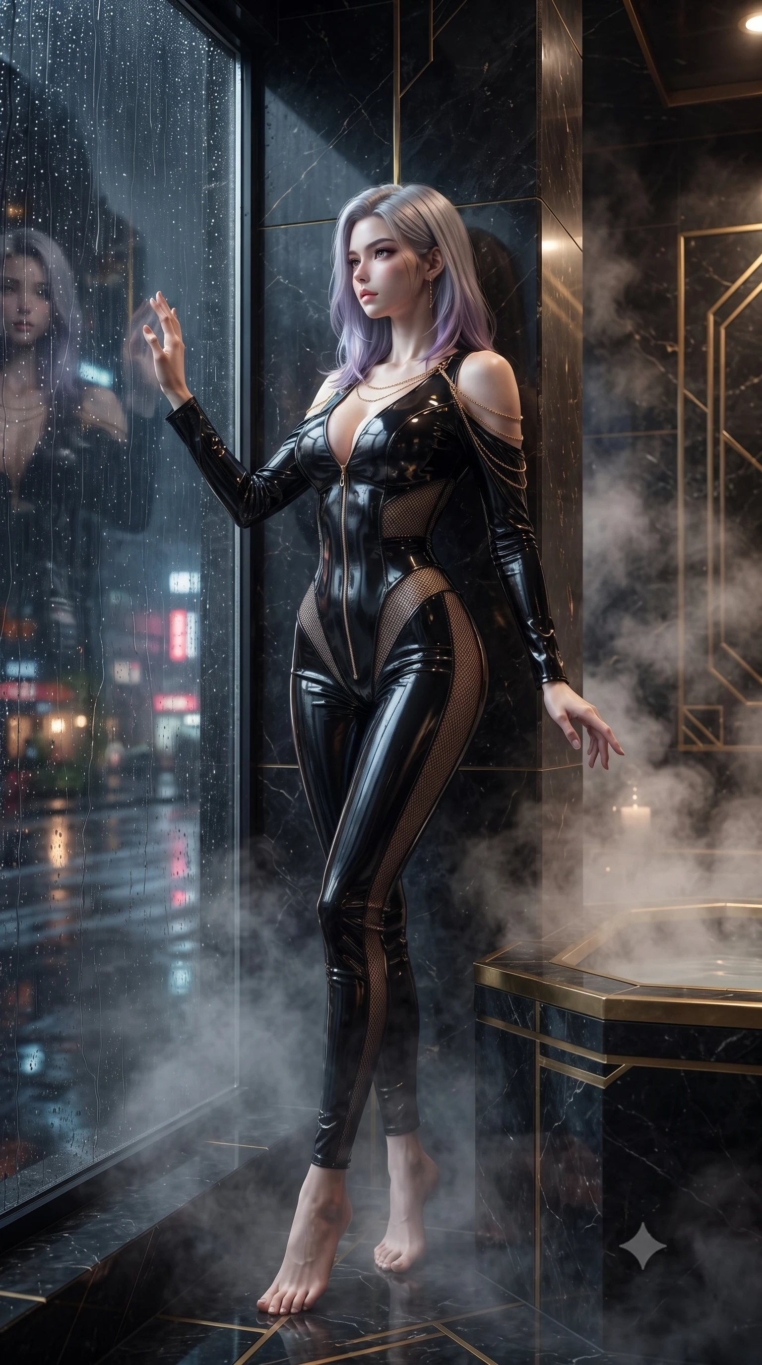 score_9, masterpiece, best quality, ultra-detailed, High-budget Anime Keyframe, editorial fashion photography, tasteful artistic composition, realistic cosplay photography, Caucasian woman, strictly human ears. Dynamic full-body shot stretching the vertical silhouette to the limit. Scenario 311: looking out at the rain through a wet glass window near a steam-filled bathhouse built of black obsidian stone and gold accents. Her presence is magnetic and overpowering in this high-budget cinematic scene. Outfit 311: a tailored patent leather micro-mesh with a low-cut shoulder and fine gold chains. The clothing is designed to emphasize her exceptionally tall and slender 8-heads proportion. 8-heads proportion, towering silhouette, ultra-slim waist. sharp v-shaped jawline, intricate jewel-like eyes with depth, thick eyelashes, glossy lips. ultra-reflective glossy finish, specular highlights, metallic sheen, high-contrast stereoscopic depth, volumetric dynamic lighting, 2k, ultra detail, master piece, 9:16 ratio