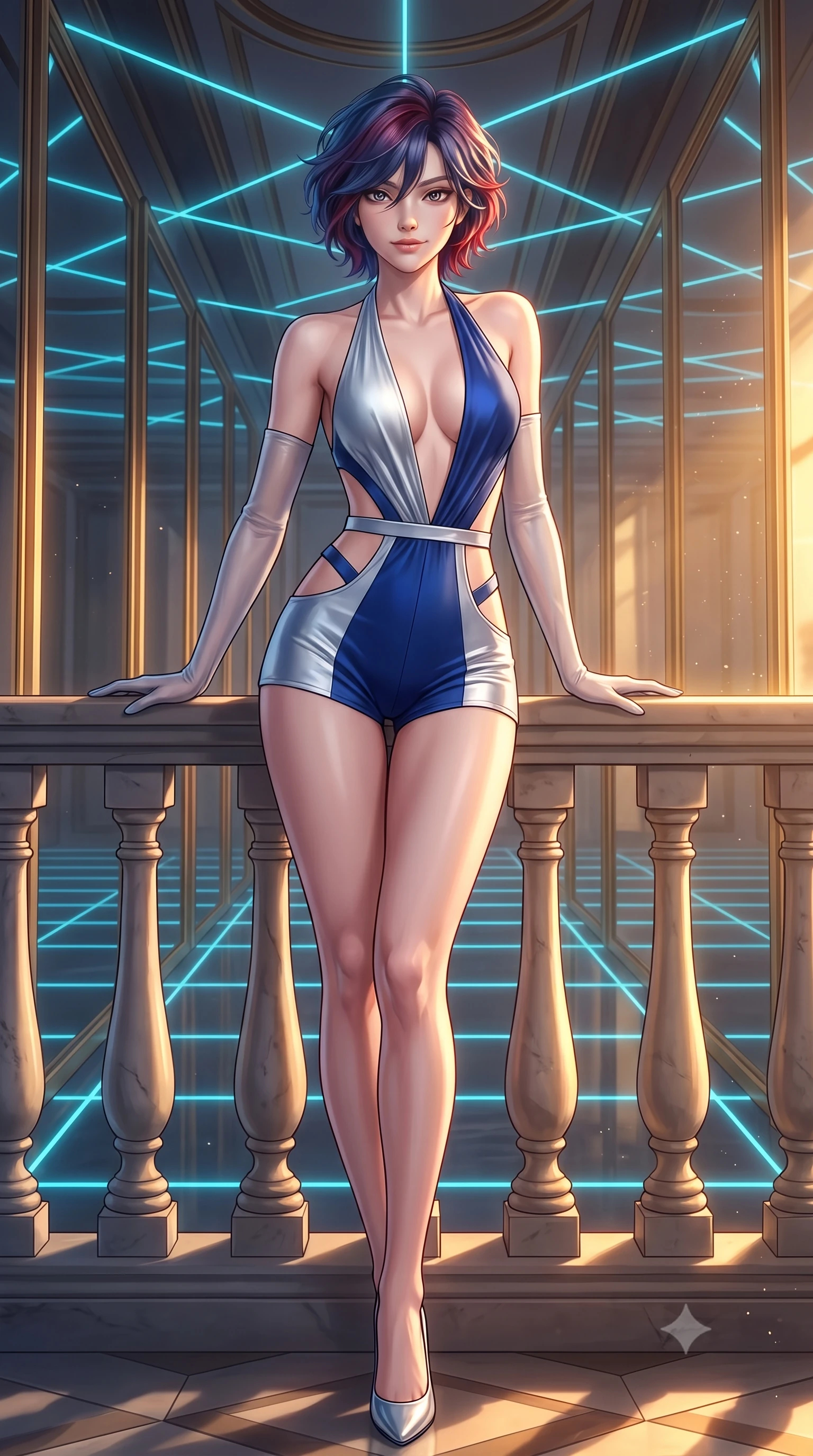 score_9, masterpiece, best quality, ultra-detailed, high-budget anime keyframe, semi-realistic 3D game render, editorial fashion photography, tasteful artistic composition, Korean woman. low angle full-body shot from head to toe showing her feet, filling the entire 9:16 vertical frame with her statuesque presence, stretching her vertical silhouette. leaning deep against the balcony balustrade with hips cocked back in an unapologetically alluring high-fashion stance, casting an intoxicating glance while standing poised in the infinite smart-mirror gallery reflecting endless recursive laser corridors, arching her spine with breathtaking anime heroine allure. The background shows a soft-focus golden hour dust motes softened in cybernetic Versailles mirror hall shallow focus. She has an exceptionally tall and slender model-like 8.5-heads proportion, an ultra-slim waist, a flat toned midriff, narrow delicate ribcage, and beautifully sculpted feminine hips creating a graceful, slim hourglass silhouette without any bulky heaviness, with impossibly long slender legs. sharp v-shaped jawline, high-bridge nose, intricate jewel-like sparkling eyes with depth, thick eyelashes, glossy parted lips with a natural peach sheen, bright cheerful beaming smile with an enchanting and coquettish sensual glint, exuding both youthful cute charm and seductive allure, flawlessly proportioned anatomical accuracy, strict slender model proportions, natural body alignment, perfectly sculpted long slender limbs, ultra-slim waistline, clean dynamic posture without body distortion. wearing a daring low-cut halterneck romper with exposed midriff and strappy hip cutouts in Shackleton lunar ice silver and Earthrise cobalt, made of fluid liquid jersey with seamless sculpting hold and smooth contours, complemented by sheer opera-length evening gloves tracing her slender arms, the high-slit wrap tailoring accentuating her ultra-slim waistline and the enchanting curve of her feminine hips with alluring seductive charm. bathed in the blinding golden hour 2800K palace sunset mixed with delicate cyan laser grid lines. highly saturated vibrant anime colors, detailed shading with soft gradients, rich glossy textures, high-contrast stereoscopic depth, volumetric dynamic lighting, master piece, 9:16 ratio