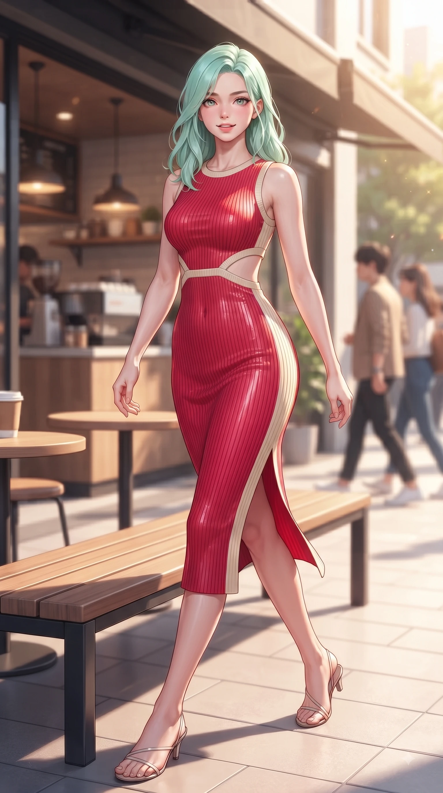 score_9, masterpiece, best quality, ultra-detailed, high-budget anime keyframe, editorial fashion photography, tasteful artistic composition, Japanese woman. low angle full-body shot from head to toe showing her feet, filling the entire 9:16 vertical frame with her statuesque presence, stretching her vertical silhouette. stepping forward gracefully in mid-motion with a delighted cute expression, displaying her statuesque model proportions while resting on a stylish wooden bench outside a hipster coffee shop under warm afternoon sunbursts. The composition keeps background elements in soft focus with dreamy bokeh. sunlit cafe terraces and stylish passersby softened in a dreamy shallow depth of field. She has an absolutely perfect, statuesque 8.5-heads proportion, an exceptionally tall and slender model-like female figure with impossibly long slender legs and an ultra-slim waist. sharp v-shaped jawline, high-bridge nose, intricate jewel-like eyes with depth, thick eyelashes, glossy lips with a natural sheen, flawlessly proportioned anatomical accuracy, natural body alignment, perfectly sculpted elegant limbs, clean dynamic posture without body distortion. wearing a form-fitting ribbed knit midi dress with a tasteful side leg slit in vivid crimson red and champagne cream, knitted from soft cozy cashmere yarn, complemented by clean architectural cutouts along her slender torso, the sleek second-skin texture accentuating her magnetic presence. illuminated by crisp clear afternoon key light and vibrant specular highlights. ultra-reflective glossy finish, specular highlights, metallic sheen, high-contrast stereoscopic depth, volumetric dynamic lighting, 2k, ultra detail, master piece, 9:16 ratio