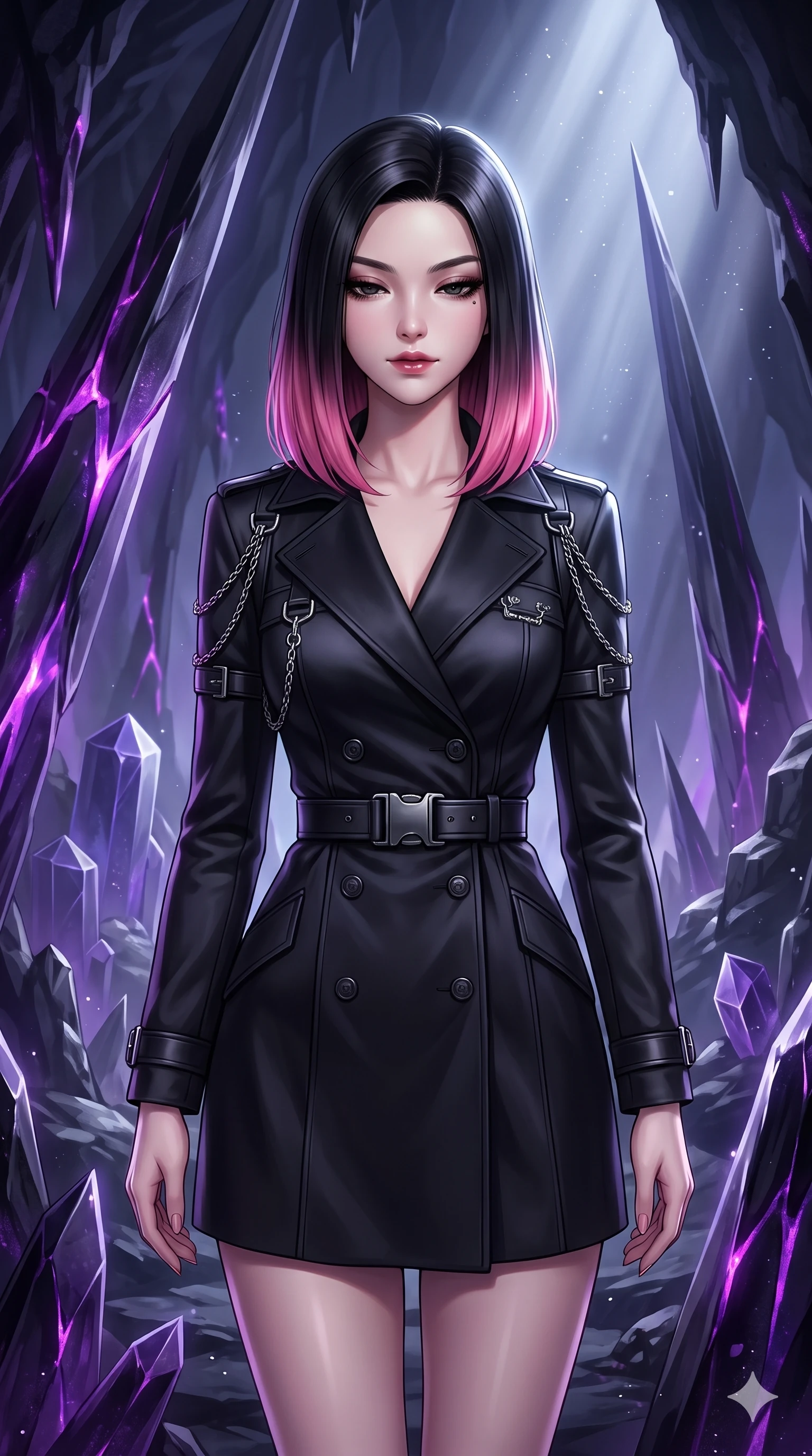 score_9, masterpiece, best quality, ultra-detailed, high-budget anime keyframe, semi-realistic 3D game render, editorial fashion photography, tasteful artistic composition, Korean woman. close-up cowboy shot from the waist and thighs up, the character dominates the composition, filling the frame with her large presence. looking down with lowered lashes and a composed, powerful dark aura, her tailored outfit tracing her curves while navigating an obsidian needle monolith chamber illuminated by dark violet crystal veins, glowing amethyst veins in the obsidian walls casting an eerie inner glow. The surrounding environment is rendered in vivid detail and crisp panoramic clarity: detailed structured dark leather coat drape, titanium buckle clasps, and geometric mineral formations in razor-sharp precision. She has an exceptionally elegant, slender, and willowy female figure with an ultra-slim waist, flat toned midriff, narrow ribcage, and sculpted feminine hips creating an alluring, slim hourglass silhouette without bulk. sharp v-shaped jawline, high-bridge nose, intricate jewel-like dark sparkling eyes with hypnotic seductive depth, thick curled eyelashes, glossy parted lips with a natural wine sheen, alluring bedroom-eyes with an enigmatic smoldering smile, exuding magnetic sovereign charisma and dark avant-garde glamour, flawlessly proportioned anatomical accuracy, strict slender model proportions, natural body alignment, perfectly sculpted long slender limbs, ultra-slim waistline, clean dynamic posture without body distortion. wearing a structured double-breasted midnight trench coat dress with dark titanium buckle belt in metallic liquid silver and pitch black, tailored from soft dark satin with subtle light-absorbing depth, framed by dark titanium buckles and silver chain details, accentuating her gracefully sculpted slender torso and statuesque proportions. lit by cold silver beams and violet crystal luminescence cutting through pitch-black subterranean darkness. highly saturated vibrant anime colors, detailed shading with soft gradients, rich glossy textures, high-contrast stereoscopic depth, volumetric dynamic lighting, master piece, 9:16 ratio