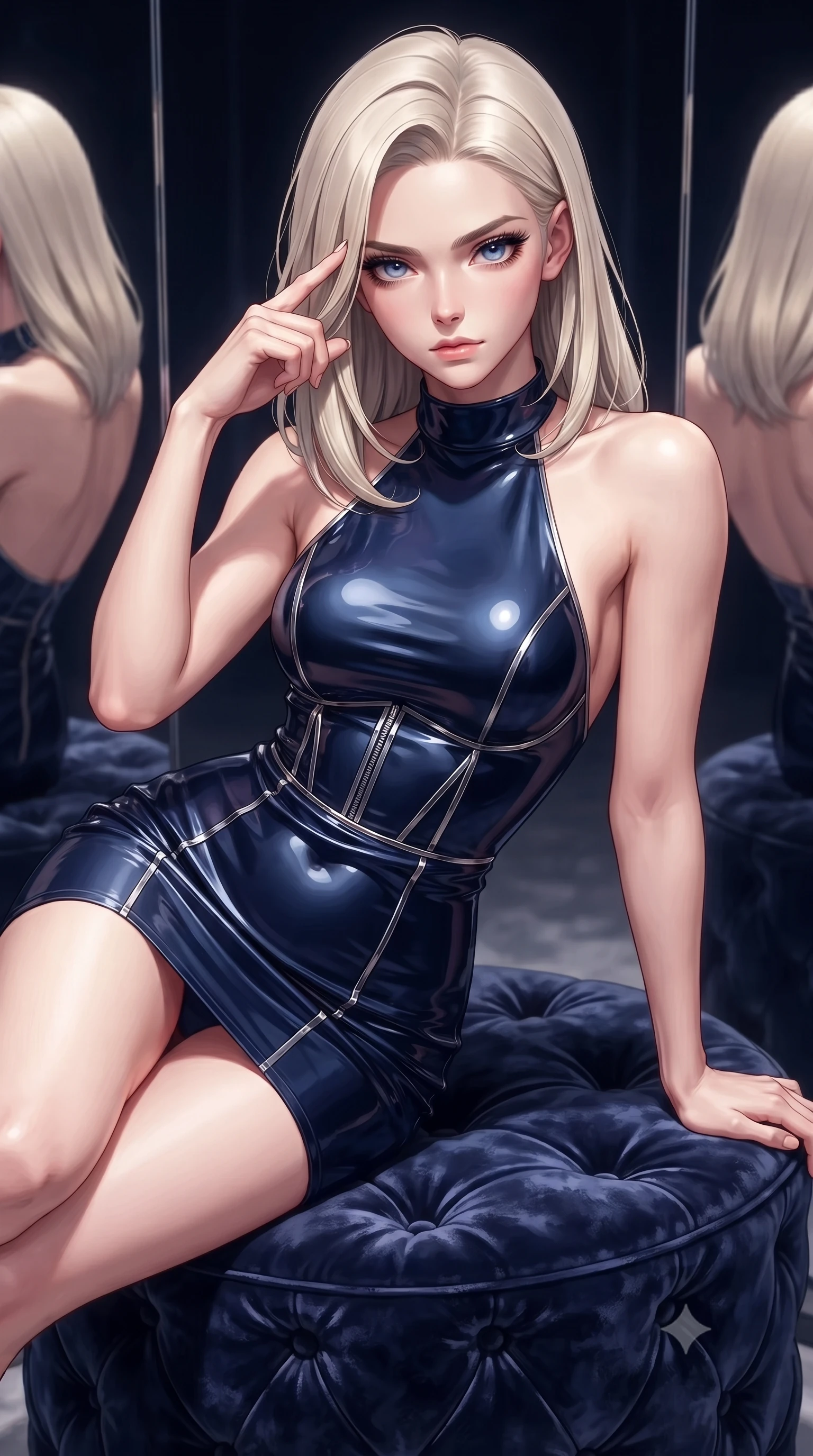 score_9, masterpiece, best quality, ultra-detailed, high-budget anime keyframe, editorial fashion photography, tasteful artistic composition, Caucasian woman. close-up cowboy shot from the waist and thighs up, the character dominates the composition, filling the frame with her large presence, background elements kept in soft focus. Pressing two fingers to her temple in a composed, sharp thoughtful gesture, lounging on a velvet ottoman surrounded by high-contrast mirror reflection panels, magnetic runway model aura with supreme visual command. She has an exceptionally elegant, slender, and willowy female figure with an ultra-slim waist, a gracefully sculpted slender torso, and a refined silhouette. sharp v-shaped jawline, high-bridge nose, intricate jewel-like eyes with depth, thick eyelashes, glossy lips with a natural sheen. wearing backless liquid vinyl mini slip dress with bare shoulder halter neckline in midnight navy blue, made of crushed dark silk velvet, finished with metallic silver boning and sleek zipper points, sculpting her athletic slender build with refined precision. lit by piercing key light highlighting her statuesque physical features. highly saturated vibrant anime colors, detailed shading with soft gradients, rich glossy textures, high-contrast stereoscopic depth, volumetric dynamic lighting, master piece, 9:16 ratio