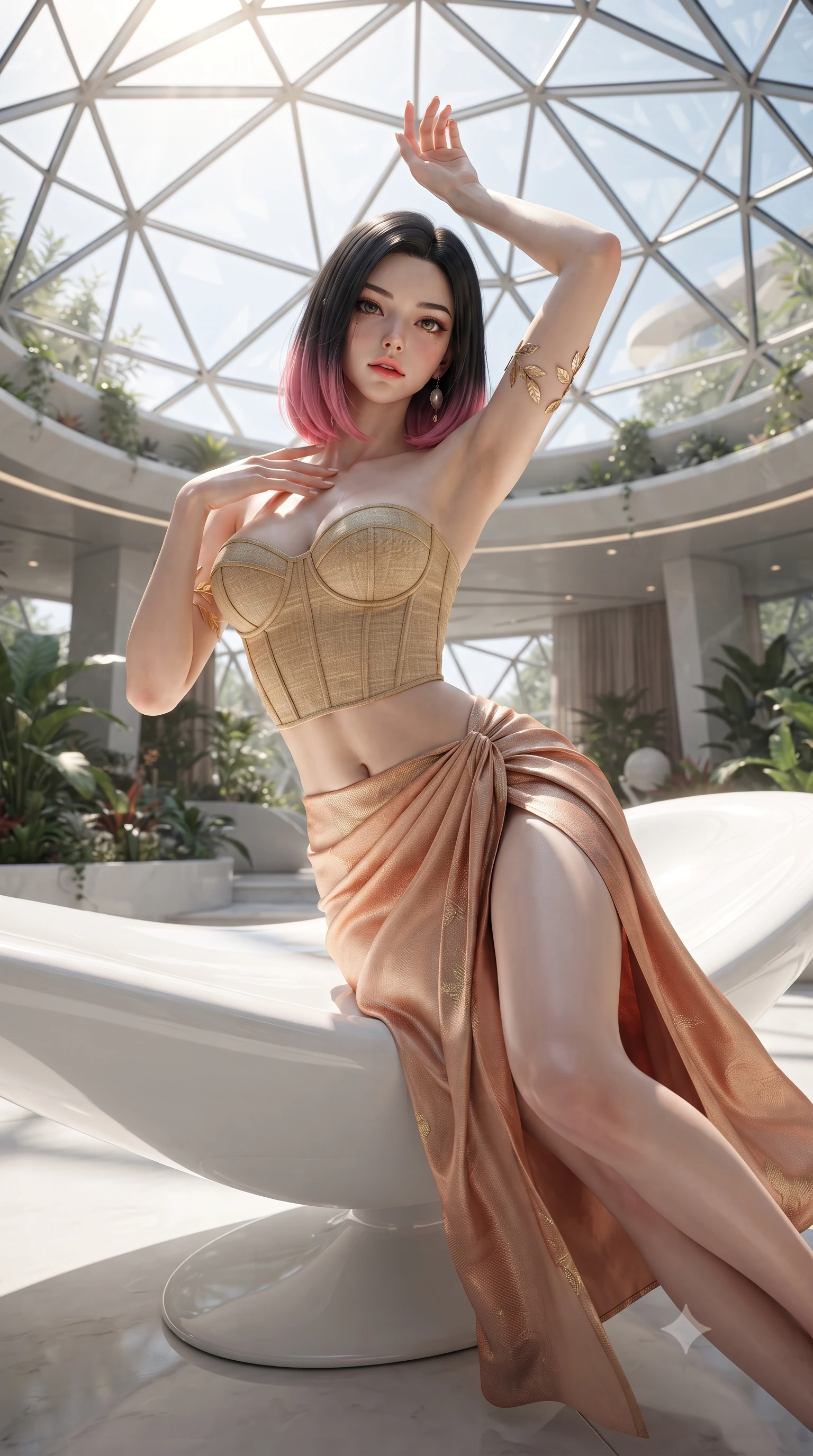 score_9, masterpiece, best quality, ultra-detailed, high-budget anime keyframe, editorial fashion photography, tasteful artistic composition, Korean woman. close-up cowboy shot from the waist and thighs up, the character dominates the composition, filling the frame with her large presence. resting one manicured hand delicately on her bare collarbone, her upper body twisting in a fluid, voluptuous yet slender curve while stretching her slender body on a floating white porcelain daybed beneath a geometric glass dome, arching her back with arms raised. The surrounding environment is rendered in vivid detail and crisp panoramic clarity. bright sunlit solarpunk chiaroscuro and cutting-edge eco-sanctuary aesthetics in high clarity. She has an exceptionally elegant, slender, and willowy female figure with an ultra-slim waist, a gracefully sculpted slender torso, toned flat midriff, and a refined slim silhouette. sharp v-shaped jawline, high-bridge nose, intricate jewel-like eyes with depth, thick eyelashes, glossy parted lips with a natural sheen, intensely captivating and seductive expression, flawlessly proportioned anatomical accuracy, strict slender model proportions, natural body alignment, perfectly sculpted long slender limbs, ultra-slim waistline, clean dynamic posture without body distortion. wearing a structured golden-thread linen bustier paired with a draped high-slit sarong skirt in light terracotta and metallic copper accents, woven from fine organic mulberry silk with metallic gold thread, complemented by a delicate golden leaf armlet and mother-of-pearl earrings, the breezy yet form-flattering drape swaying gracefully with her steps, accentuating her long willowy limbs and ultra-slim waistline. surrounded by an optimistic, radiant, and breathlessly beautiful eco-utopian goddess aura. ultra-reflective glossy finish, specular highlights, rich textural contrasts, high-contrast stereoscopic depth, volumetric dynamic lighting, 2k, ultra detail, master piece, 9:16 ratio