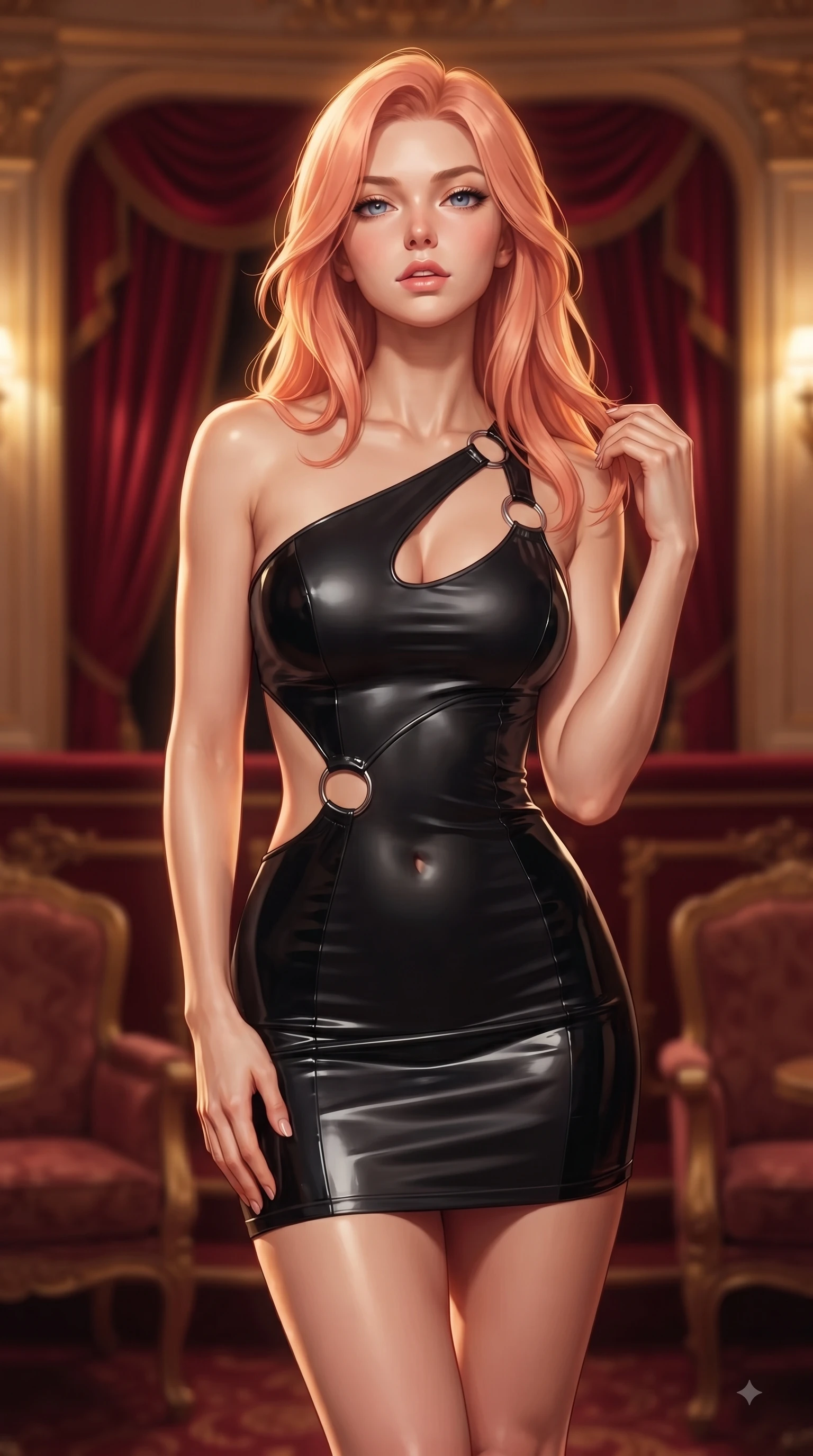 score_9, masterpiece, best quality, ultra-detailed, high-budget anime keyframe, editorial fashion photography, tasteful artistic composition, Japanese woman woman. close-up cowboy shot from the waist and thighs up, the character dominates the composition, filling the frame with her large presence, background elements kept in soft focus. She has an exceptionally elegant, slender, and willowy female figure with an ultra-slim waist, a gracefully sculpted slender torso, and a refined silhouette. tilting her chin up slightly with lips parted in a composed and alluring expression, flawlessly proportioned anatomical accuracy, natural body alignment, perfectly sculpted elegant limbs, clean dynamic posture without body distortion. set against a soft-focus background of a VIP theater box suite draped in red silk velvet and gold trim. wearing an asymmetric cut-out mini dress in matte black latex with silver ring accents. bathed in warm golden chandelier light from the grand theater stage below. ultra-reflective glossy finish, specular highlights, metallic sheen, high-contrast stereoscopic depth, volumetric dynamic lighting, 2k, ultra detail, master piece, 9:16 ratio