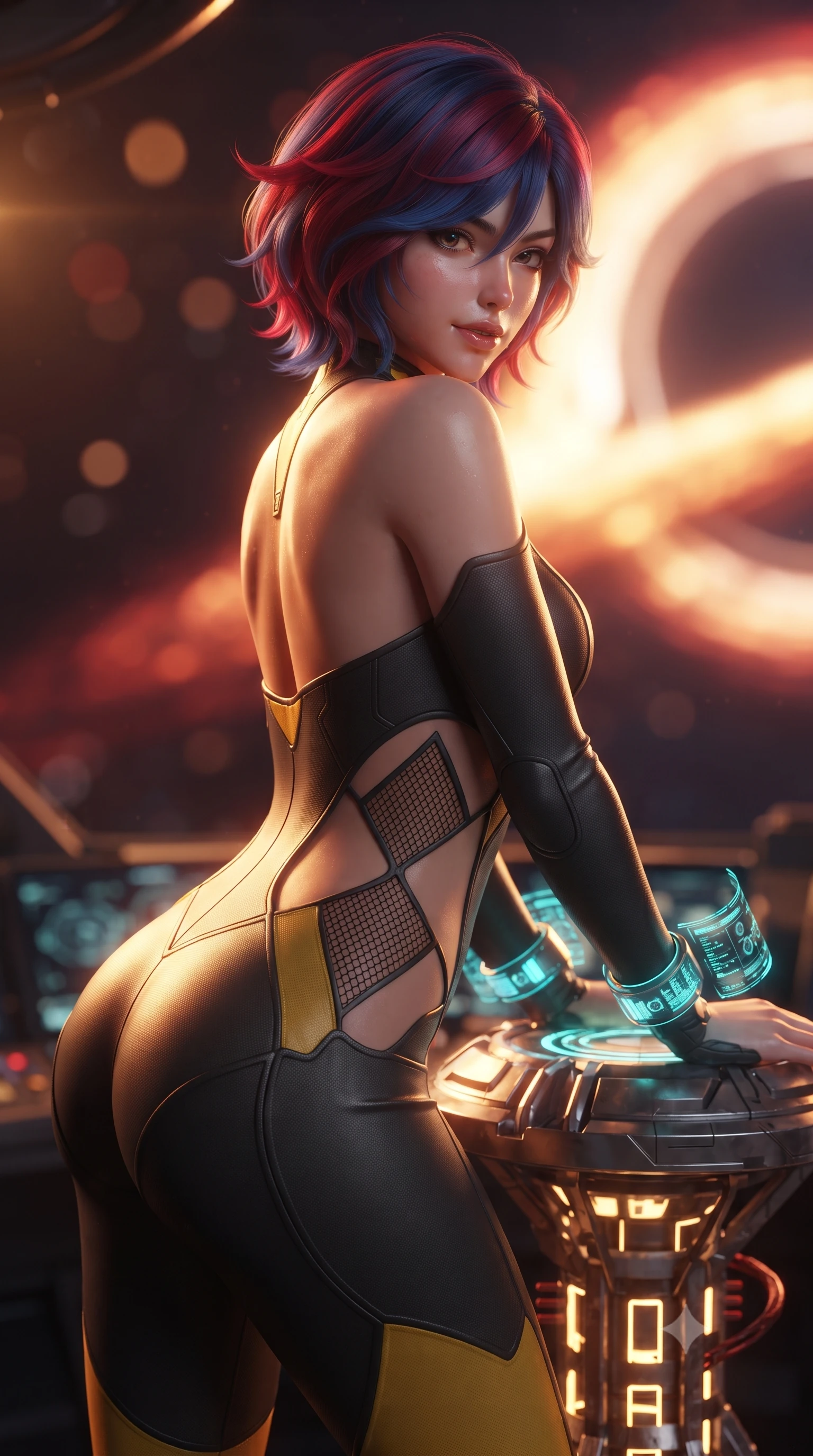 score_9, masterpiece, best quality, ultra-detailed, high-budget anime keyframe, editorial fashion photography, tasteful artistic composition, Korean woman. close-up cowboy shot from the waist and thighs up, the character dominates the composition, filling the frame with her large presence. turning slowly with a smoldering smile, her sleek hair catching the cockpit HUD rim light as her hips angle gracefully in a captivating contrapposto while leaning against the gravity-stabilizer pedestal with hips cocked back, looking back over a bare shoulder with fearless, intoxicating bedroom-eyes. The background shows a soft-focus the blinding golden and crimson swirling accretion disk around the pitch-black event horizon blurred into incandescent gold, ruby, and void bokeh. She has an exceptionally elegant, slender, and willowy female figure with an ultra-slim waist, flat toned midriff, narrow ribcage, and sculpted feminine hips creating an alluring, slim hourglass silhouette without bulk. sharp v-shaped jawline, high-bridge nose, intricate jewel-like sparkling eyes with depth, thick eyelashes, glossy parted lips with a natural sheen, bright confident smile with an enchanting and coquettish sensual glint, exuding both youthful magnetic charm and sovereign high-tech allure, flawlessly proportioned anatomical accuracy, strict slender model proportions, natural body alignment, perfectly sculpted long slender limbs, ultra-slim waistline, clean dynamic posture without body distortion. wearing a futuristic cut-out nano-suit with diamond-shaped side-torso mesh insets tracing her slim hourglass curves in industrial hazard yellow and matte carbon black, tailored from brushed aeronautical titanium alloy with matte satin sheen, featuring sleek glowing cyan HUD display wrist cuffs with floating data telemetry, the form-fitting tactical tailoring adhering flawlessly to her sculpted flat midriff and slender torso, emphasizing her long leg lines and perfectly proportioned willowy build. bathed in intense, blazing golden and crimson relativistic light streaming from the accretion disk. ultra-reflective glossy finish, specular highlights, rich textural contrasts, high-contrast stereoscopic depth, volumetric dynamic lighting, 2k, ultra detail, master piece, 9:16 ratio