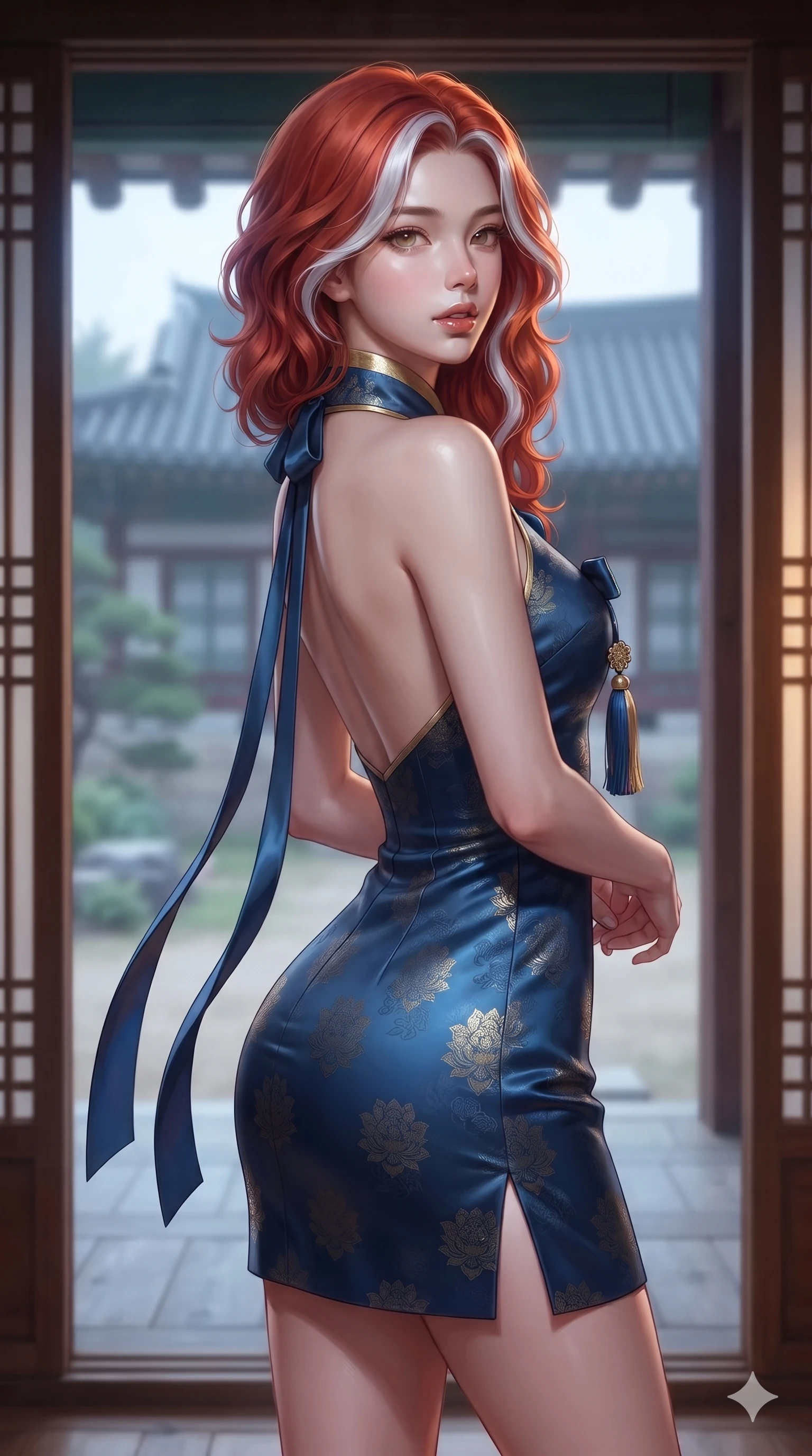 score_9, masterpiece, best quality, ultra-detailed, high-budget anime keyframe, editorial fashion photography, tasteful artistic composition, Caucasian woman. close-up cowboy shot from the waist and thighs up, the character dominates the composition, filling the frame with her large presence. posing in an alluring rear three-quarter angle, looking over a bare shoulder with parted glossy lips, her hips cocked back to highlight her slim hourglass curve while standing framed within the open sliding screen portal, arching her spine with sovereign siren grace as garden breezes caress her skin. The background shows a soft-focus classical palace gallery softened in architectural frame shallow focus. She has an exceptionally elegant, slender, and willowy female figure with an ultra-slim waist, flat toned midriff, narrow ribcage, and sculpted feminine hips creating an alluring, slim hourglass silhouette without bulk. sharp v-shaped jawline, high-bridge nose, sparkling eyes with hypnotic seductive depth, thick curled eyelashes, glossy parted lips with a natural dewy peach sheen, alluring bedroom-eyes with an enchanting coquettish smile, exuding magnetic siren charisma and sophisticated glamour, flawlessly proportioned anatomical accuracy, strict slender model proportions, natural body alignment, perfectly sculpted long slender limbs, ultra-slim waistline, clean dynamic posture without body distortion. wearing a bespoke high-neck modernized hanbok coat dress with an architectural collar and silk norigae knot tie in deep ocean cobalt and shimmering gold leaf, tailored from rich silk jacquard with subtle embossed lotus blossom patterns, finished with long silk ribbon ties fluttering down her bare spine from a backless halter, the bespoke structured tailoring following the natural line of her 8.5-heads silhouette with refined elegance. bathed in dual lighting: cool silver moonlight from the exterior garden contrasting with warm 2700K lantern glow from within. ultra-reflective glossy finish, specular highlights, rich textural contrasts, high-contrast stereoscopic depth, volumetric dynamic lighting, 2k, ultra detail, master piece, 9:16 ratio