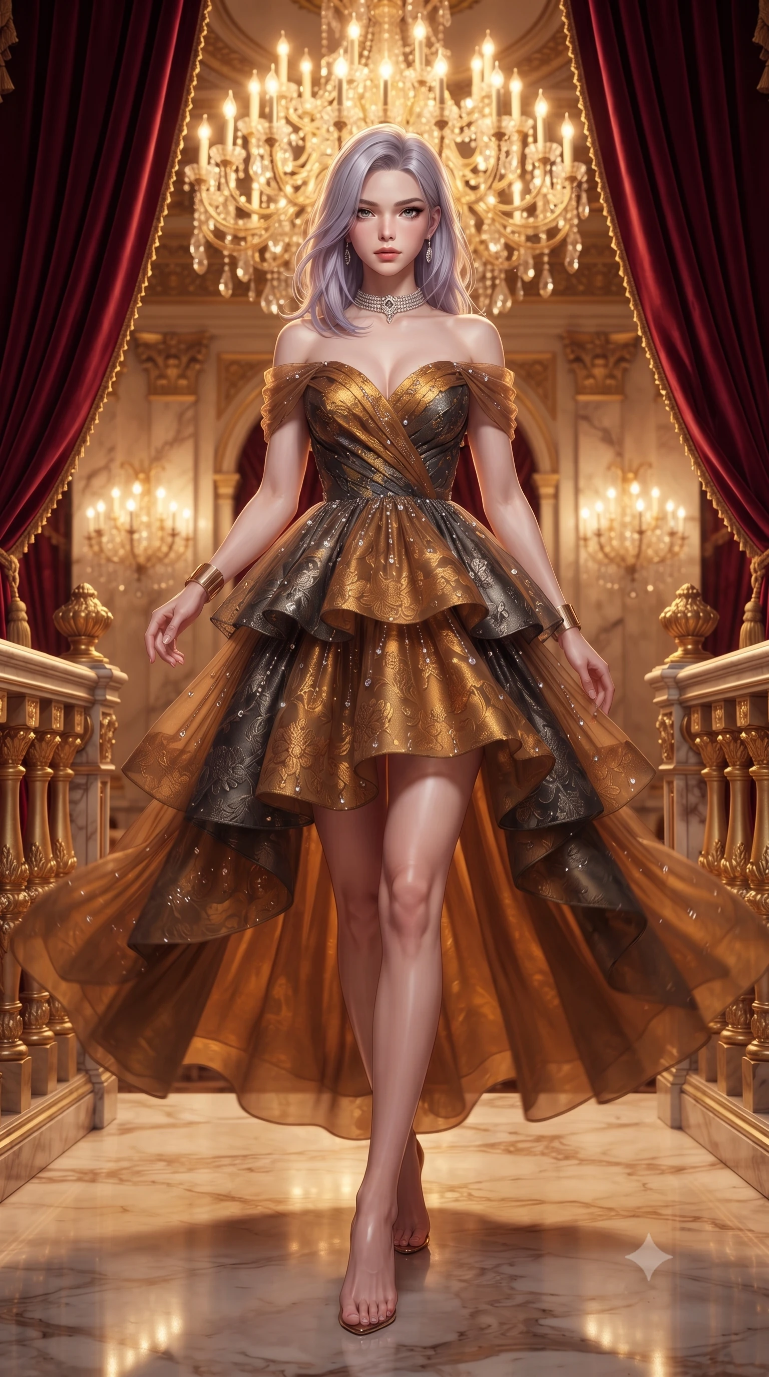 score_9, masterpiece, best quality, ultra-detailed, high-budget anime keyframe, editorial fashion photography, tasteful artistic composition, Caucasian woman. low angle full-body shot from head to toe showing her feet, filling the entire 9:16 vertical frame with her statuesque presence, stretching her vertical silhouette. stepping forward gracefully in mid-motion, displaying her toned flat midriff and flawlessly sculpted slender limbs while pivoting gracefully against ornate gold-leaf balustrades as plush crimson velvet curtains frame her statuesque silhouette. The surrounding environment is rendered in vivid detail and crisp panoramic clarity. intricate gold-leaf rococo carvings, sparkling crystal chandelier facets, and polished marble balustrades in sharp focus. She has an absolutely perfect, statuesque 8.5-heads proportion, an exceptionally tall and slender model-like female figure with impossibly long slender legs, a toned flat midriff, and an ultra-slim waist. sharp v-shaped jawline, high-bridge nose, intricate jewel-like eyes with depth, thick eyelashes, glossy lips with a natural sheen, captivating and magnetic expression, flawlessly proportioned anatomical accuracy, strict slender model proportions, natural body alignment, perfectly sculpted long slender limbs, ultra-slim waistline, clean dynamic posture without body distortion. wearing a tiered crystal-embellished tulle ballgown with an exposed clavicle neckline and sweetheart bustier in molten amber-gold and dark gunmetal, made of rich embossed floral silk jacquard with subtle gold thread, accessorized with a bold diamond choker and minimalist gold cuffs, the breezy yet form-flattering drape swaying gracefully with her steps, accentuating her long willowy limbs and slim waistline. bathed in opulent golden chandelier illumination and rich ambient amber warmth. ultra-reflective glossy finish, specular highlights, rich textural contrasts, high-contrast stereoscopic depth, volumetric dynamic lighting, 2k, ultra detail, master piece, 9:16 ratio