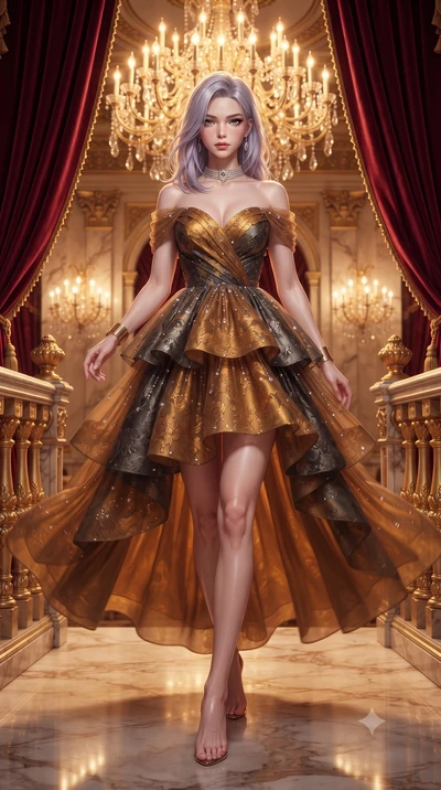 score_9, masterpiece, best quality, ultra-detailed, high-budget anime keyframe, editorial fashion photography, tasteful artistic composition, Caucasian woman. low angle full-body shot from head to toe showing her feet, filling the entire 9:16 vertica