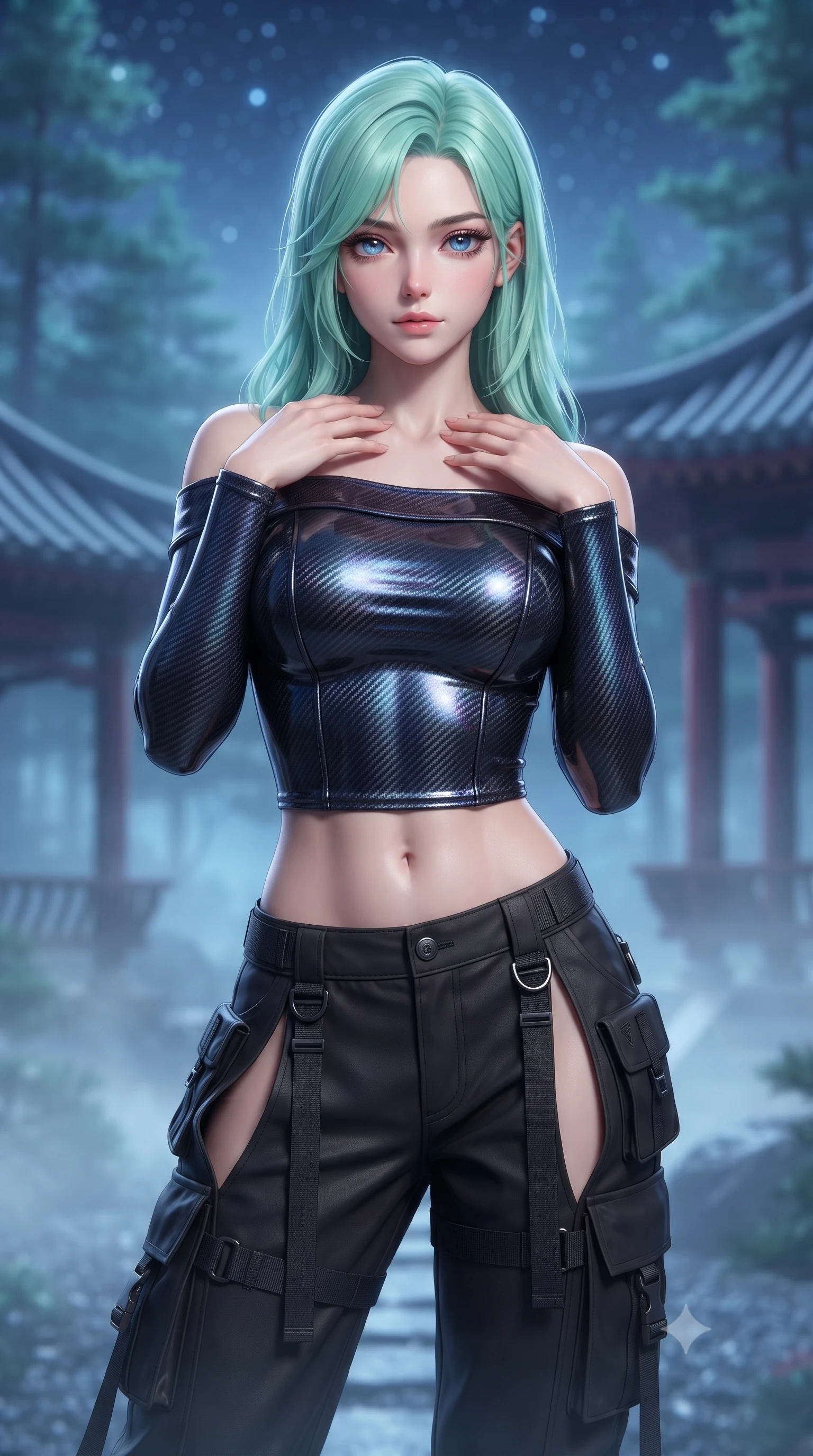 score_9, masterpiece, best quality, ultra-detailed, high-budget anime keyframe, editorial fashion photography, tasteful artistic composition, Japanese woman. close-up cowboy shot from the waist and thighs up, the character dominates the composition, filling the frame with her large presence, background elements kept in soft focus. standing in a relaxed, elegant posture with both hands resting lightly on her collarbone, looking at the viewer with bedroom-eyes, the background shows a soft-focus a holographic pine forest patio with Asian-style tiled pavilions. She has an exceptionally elegant, slender, and willowy female figure with an ultra-slim waist, a gracefully sculpted slender torso, and a refined silhouette. sharp v-shaped jawline, high-bridge nose, intricate jewel-like eyes with depth, thick eyelashes, glossy lips with a natural sheen. wearing a body-hugging off-shoulder carbon-fiber armor top paired with high-slit tactical cargo pants, showing her delicately sculpted midriff. Asian-style tiled pavilions under digital low mist and blue starlight. ultra-reflective glossy finish, specular highlights, metallic sheen, high-contrast stereoscopic depth, volumetric dynamic lighting, 2k, ultra detail, master piece, 9:16 ratio