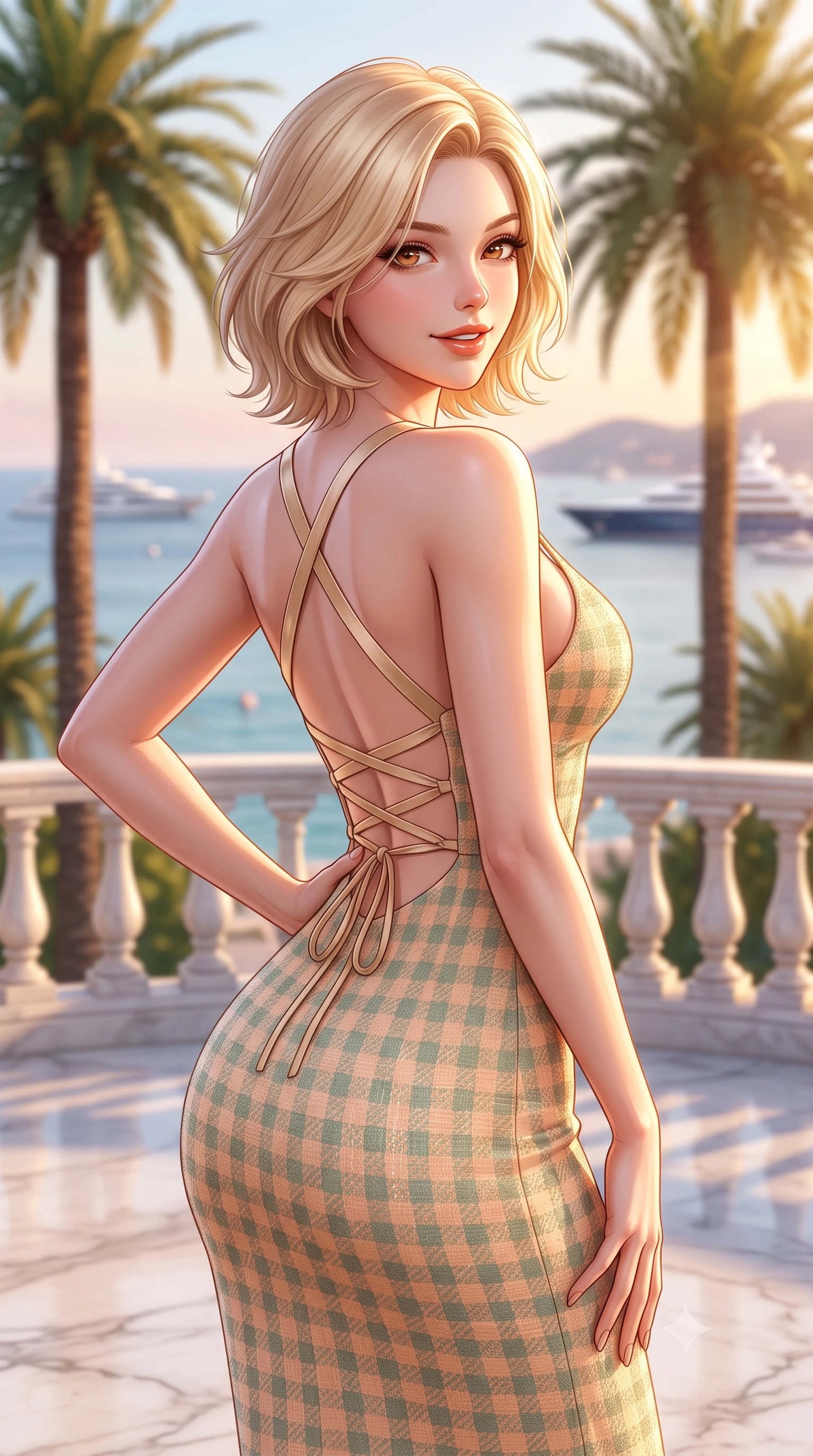 score_9, masterpiece, best quality, ultra-detailed, high-budget anime keyframe, semi-realistic 3D game render, editorial fashion photography, tasteful artistic composition, Caucasian woman. close-up cowboy shot from the waist and thighs up, the character dominates the composition, filling the frame with her large presence. twisting her slender torso in an alluring contrapposto stance, one hand resting on her sculpted hip while flashing a charming, playful smile with parted glossy lips while standing poised on the grand marble hotel terrace overlooking the Boulevard de la Croisette, arching her spine with festival-queen glamour. The composition keeps background elements in soft focus with dreamy creamy bokeh. towering Canary Island date palms and the glistening Cannes bay dotted with mega-yachts blurred into champagne, rose, and azure bokeh. She has an exceptionally elegant, slender, and willowy female figure with an ultra-slim waist, flat toned midriff, narrow ribcage, and sculpted feminine hips creating an alluring, slim hourglass silhouette without bulk. sharp v-shaped jawline, high-bridge nose, sparkling amber-hazel eyes with depth, long lush eyelashes, glossy sun-kissed lips with a warm coral glaze, radiant teasing smile with sensual sunlit bedroom-eyes, exuding effortless old-money elegance and intoxicating sun-drenched allure, flawlessly proportioned anatomical accuracy, strict slender model proportions, natural body alignment, perfectly sculpted long slender limbs, ultra-slim waistline, clean dynamic posture without body distortion. wearing a backless lace-up gingham sundress in soft apricot with a form-fitting bodice and hip-defining silhouette in sage green and warm almond beige, tailored from soft pastel resort tweed with subtle gold thread shimmer, finished with criss-cross back satin straps highlighting her graceful shoulder blades, the form-contouring cut accentuating her sculpted flat midriff, narrow delicate ribcage, and gracefully curvy hips with sun-drenched supermodel elegance. bathed in brilliant golden hour sunset illumination streaming across the French Riviera coastline. highly saturated vibrant anime colors, detailed shading with soft gradients, rich glossy textures, high-contrast stereoscopic depth, volumetric dynamic lighting, master piece, 9:16 ratio
