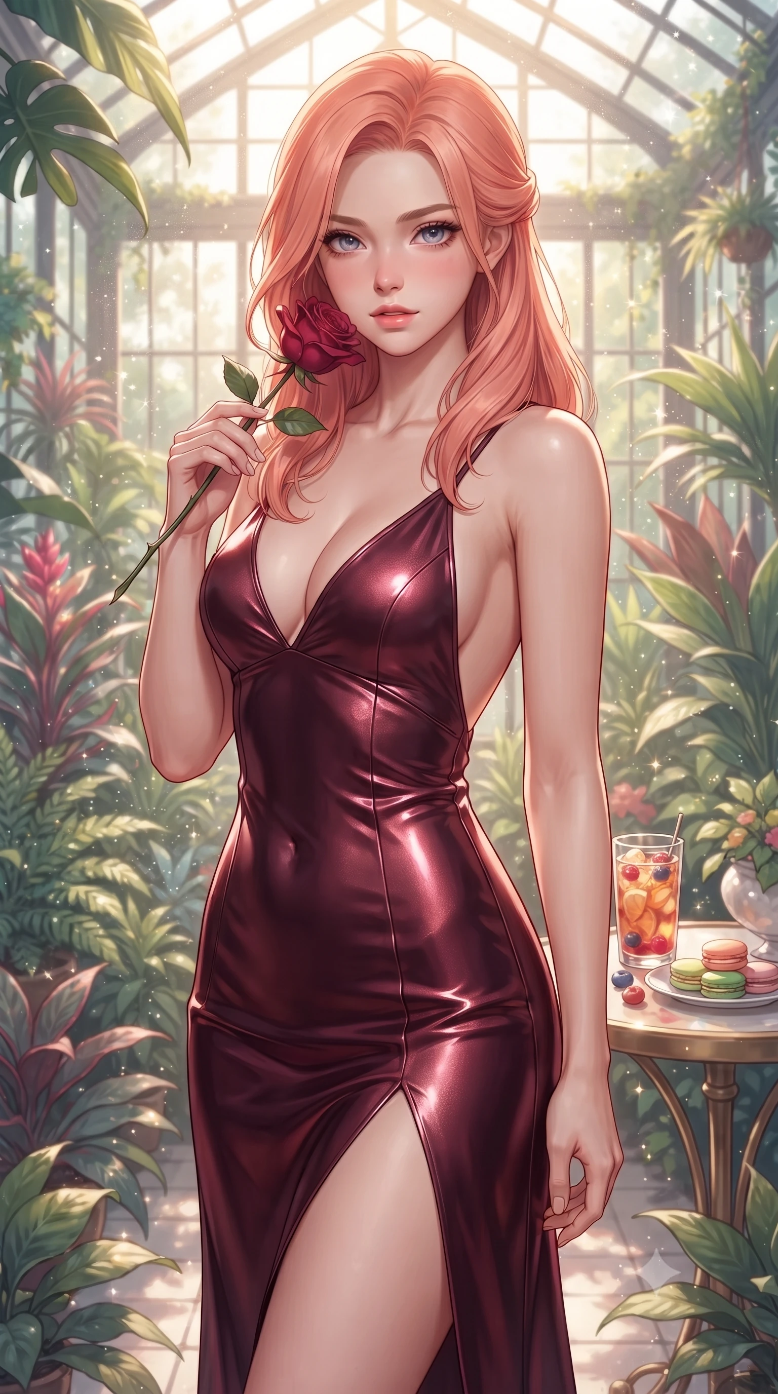 score_9, masterpiece, best quality, ultra-detailed, high-budget anime keyframe, editorial fashion photography, tasteful artistic composition, Japanese woman. close-up cowboy shot from the waist and thighs up, the character dominates the composition, filling the frame with her large presence, background elements kept in soft focus. gasping softly with a charming expression, holding a rose stem near her cheek with a magnetic stare set against a soft-focus background of inside an exclusive botanical greenhouse with a glass of iced fruit tea and delicate macaron pastries arranged on the table. She has an exceptionally elegant, slender, and willowy female figure with an ultra-slim waist, a gracefully sculpted slender torso, and a refined silhouette. sharp v-shaped jawline, high-bridge nose, intricate jewel-like eyes with depth, thick eyelashes, glossy lips with a natural sheen. wearing tailored deep burgundy metallic jersey open-back silk slip dress featuring a deep V-neckline and a leg-lengthening side slit featuring refined tailored seams. lit by crisp morning sun rays creating sparkling glints on polished glass and water. ultra-reflective glossy finish, specular highlights, metallic sheen, high-contrast stereoscopic depth, volumetric dynamic lighting, 2k, ultra detail, master piece, 9:16 ratio