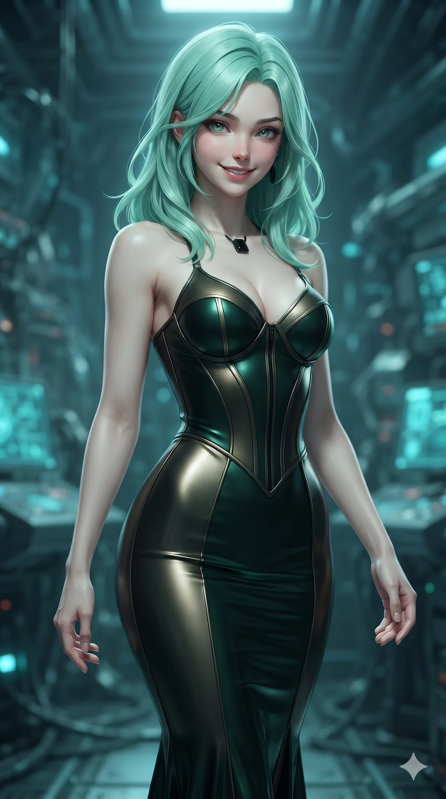 score_9, masterpiece, best quality, ultra-detailed, high-budget anime keyframe, editorial fashion photography, tasteful artistic composition, Japanese woman. close-up cowboy shot from the waist and thighs up, the character dominates the composition, filling the frame with her large presence. tilting her head with a teasing half-smile, running one hand slowly down the side of her hip in a flirtatious S-curve while navigating the midnight sanctuary with an effortless, graceful stride, her dark tailored fit highlighting her hourglass curves. The background shows a soft-focus subterranean high-tech laboratory softened in cybernetic sanctuary shallow focus. She has an exceptionally elegant, slender, and willowy female figure with an ultra-slim waist, flat toned midriff, narrow ribcage, and sculpted feminine hips creating an alluring, slim hourglass silhouette without bulk. sharp v-shaped jawline, high-bridge nose, intricate jewel-like dark sparkling eyes with hypnotic seductive depth, thick curled eyelashes, glossy parted lips with a natural wine sheen, alluring bedroom-eyes with an enigmatic smoldering smile, exuding magnetic sovereign charisma and dark avant-garde glamour, flawlessly proportioned anatomical accuracy, strict slender model proportions, natural body alignment, perfectly sculpted long slender limbs, ultra-slim waistline, clean dynamic posture without body distortion. wearing a semi-opaque sheer dark chiffon gown revealing a structured bodice silhouette in dark emerald green and antique bronze, made of liquid dark mercury jersey with seamless sculpting hold and fluid drape, adorned with minimalist black onyx hardware framing the silhouette, the form-fitting cut adhering flawlessly to her sculpted flat midriff and slender torso, emphasizing her long leg lines and perfectly proportioned willowy build. surrounded by a cool cybernetic aura with intense edge lighting and glowing cyan stasis backlights. ultra-reflective glossy finish, specular highlights, metallic sheen, high-contrast stereoscopic depth, volumetric dynamic lighting, 2k, ultra detail, master piece, 9:16 ratio
