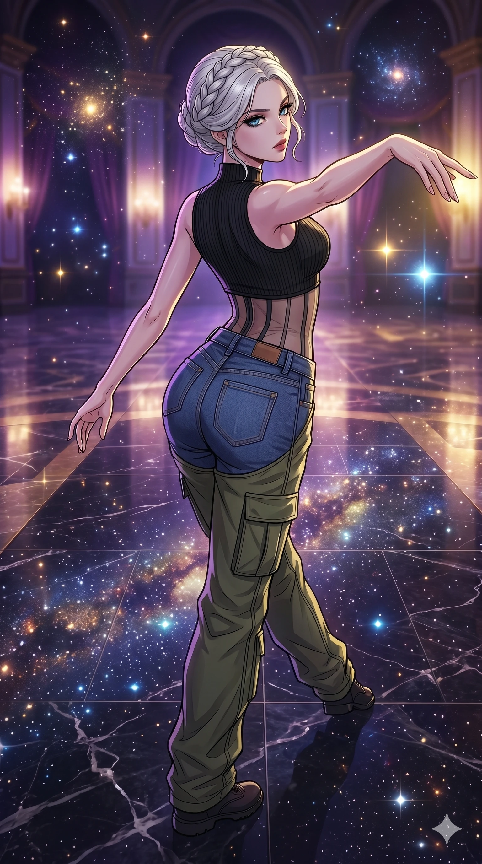 score_9, masterpiece, best quality, ultra-detailed, high-budget anime movie keyframe, cinematic anime lighting, intricate line art, Korean woman. Low angle cowboy shot capturing a powerful motion and statuesque presence. gliding through a ballroom as the floor reflects the stars above. She has an absolutely perfect 8-heads proportion, an exceptionally tall and slender female figure with an ultra-slim waist and impossibly long slender legs. strictly human anatomy, two legs only, no extra limbs, clearly defined legs and arms, perfect anatomy, perfect hands and fingers. sharp v-shaped jawline, high-bridge nose, intricate jewel-like eyes, thick eyelashes, glossy lips. Wearing Urban Trendsetter: Ribbed bodycon dress, crop top with high-waist denim, and sheer corset with cargo pants. The scene is illuminated by dramatic atmospheric lighting and vibrant color palettes. , 2k, ultra detail, master piece, 9:16 ratio