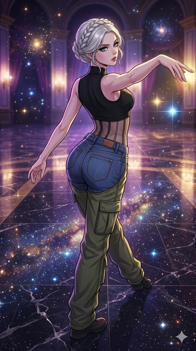 score_9, masterpiece, best quality, ultra-detailed, high-budget anime movie keyframe, cinematic anime lighting, intricate line art, Korean woman. Low angle cowboy shot capturing a powerful motion and statuesque presence. gliding through a ballroom as