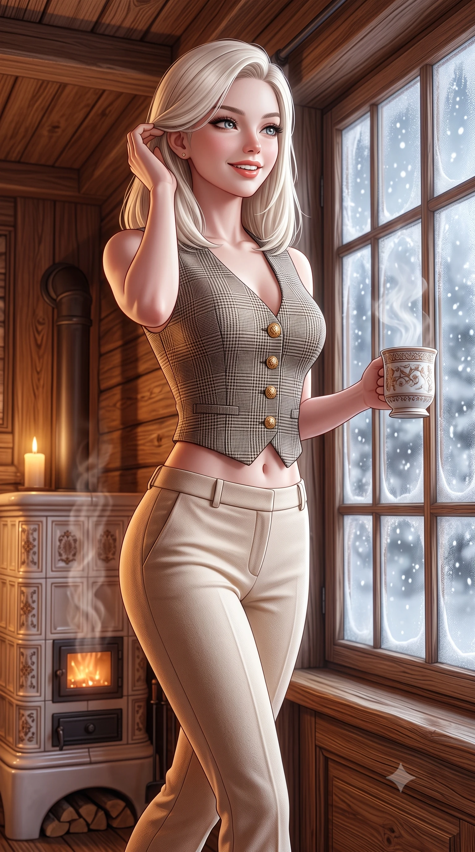 score_9, masterpiece, best quality, ultra-detailed, high-budget anime keyframe, semi-realistic 3D game render, editorial fashion photography, tasteful artistic composition, Caucasian woman. close-up cowboy shot from the waist and thighs up, the character dominates the composition, filling the frame with her large presence. gently brushing a lock of hair behind her ear while casting a playful, flirtatious side-gaze with long eyelashes while walking toward the frosted timber window with a steaming porcelain mug, looking out at the falling snowflakes with wonder. The surrounding environment is rendered in vivid detail and crisp panoramic clarity: detailed roll-neck cashmere sweater weave, tailored corduroy trouser ribs, and master alpine joinery in high resolution. She has an exceptionally elegant, slender, and willowy female figure with an ultra-slim waist, flat toned midriff, narrow ribcage, and sculpted feminine hips creating an alluring, slim hourglass silhouette without bulk. sharp v-shaped jawline, high-bridge nose, intricate jewel-like sparkling eyes with depth, thick eyelashes, glossy parted lips with a natural peach sheen, bright cheerful beaming smile with an enchanting and coquettish sensual glint, exuding both youthful cute charm and seductive allure, flawlessly proportioned anatomical accuracy, strict slender model proportions, natural body alignment, perfectly sculpted long slender limbs, ultra-slim waistline, clean dynamic posture without body distortion. wearing a sleek Prince of Wales check tailored vest bodice hugging her torso, paired with matching ultra-high-rise cigarette trousers in soft champagne ivory and warm biscuit beige, made of ultra-fine Mongolian cashmere with sleek glove-like elasticity contouring her silhouette, accented with an ornate 24k gold lion-embossed crest button along the snug front closure, the second-skin tailored fabric adhering flawlessly to her sculpted flat midriff and slender torso, emphasizing her long leg lines and perfectly proportioned willowy build. bathed in cozy 2700K warm ambient candlelight and soft porcelain stove radiance combined with cool winter window light. highly saturated vibrant anime colors, detailed shading with soft gradients, rich glossy textures, high-contrast stereoscopic depth, volumetric dynamic lighting, master piece, 9:16 ratio